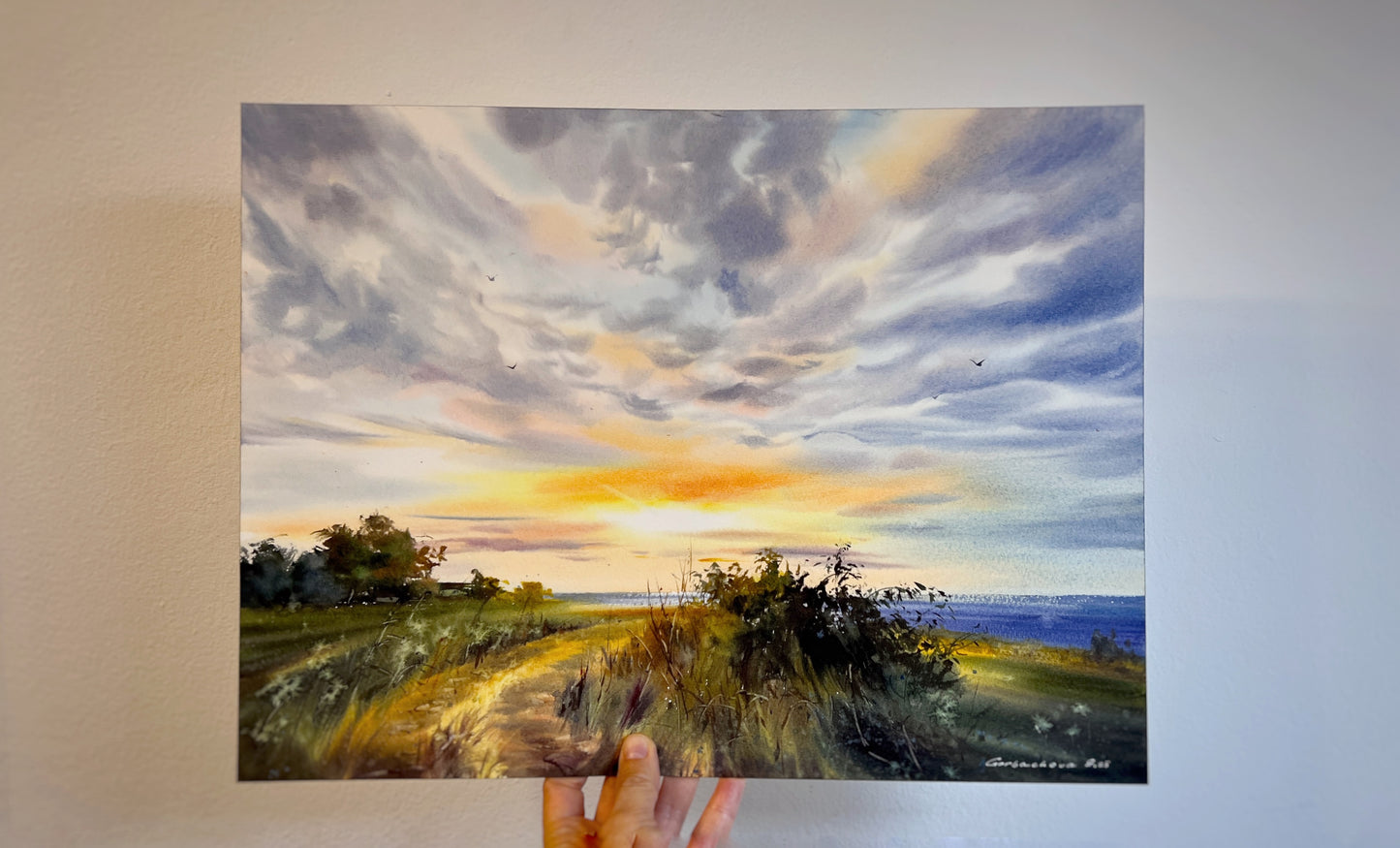 Original Cyprus Coast Watercolor Painting | Golden skyline of Cyprus 12x16 in