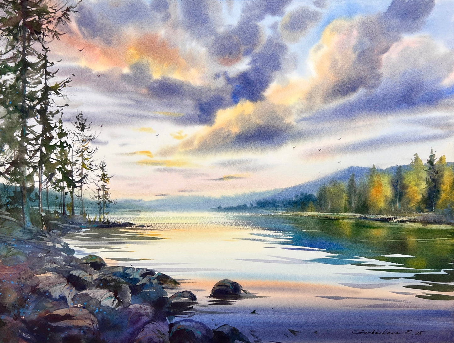 Sunset Lake Watercolor Painting, Silence of the Sunset 12x16