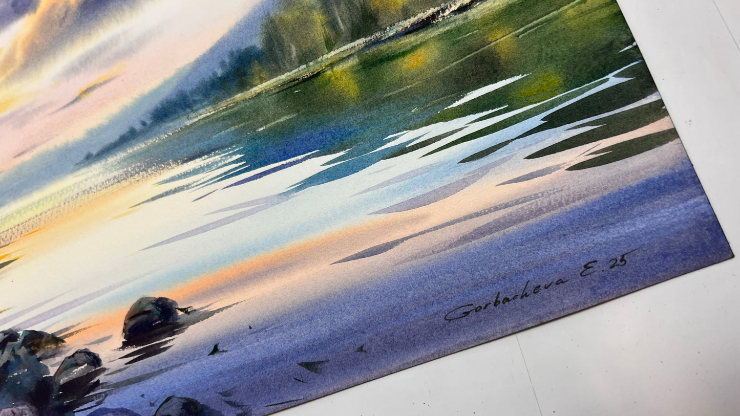 Sunset Lake Watercolor Painting, Silence of the Sunset 12x16