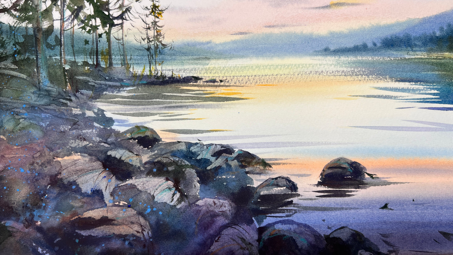 Sunset Lake Watercolor Painting, Silence of the Sunset 12x16