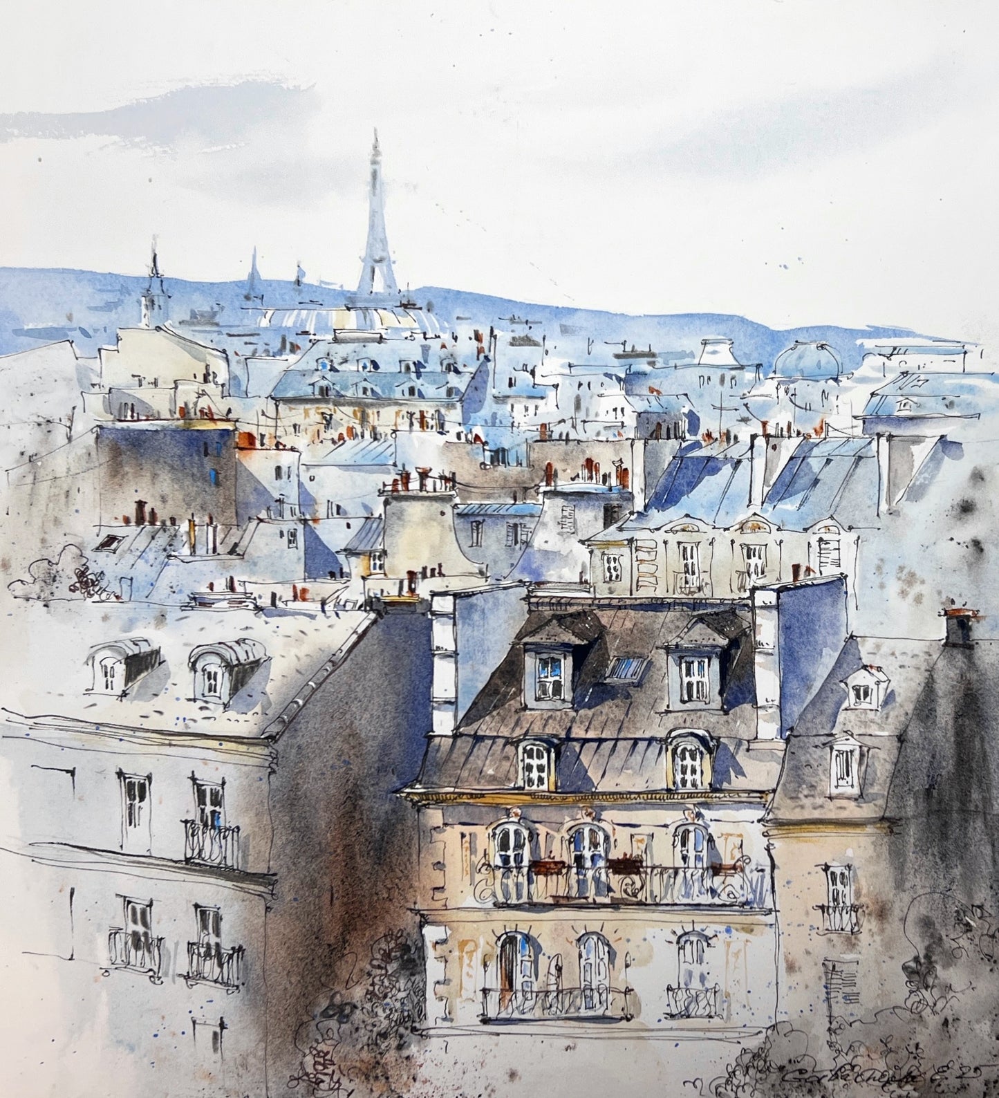 Paris Rooftops Watercolor Painting | Eiffel Tower Urban Sketch |Blue hour of Paris 12x13
