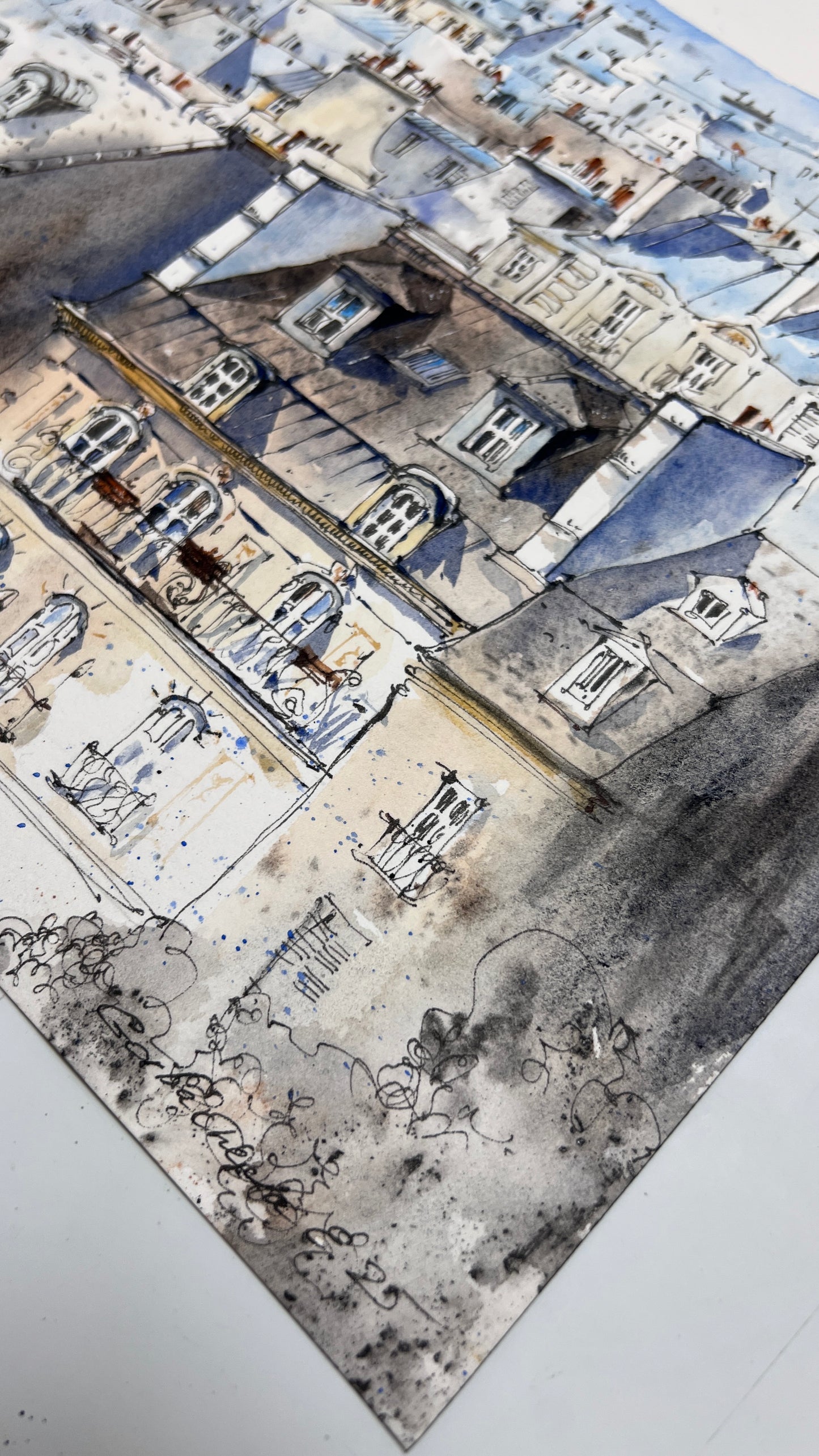 Paris Rooftops Watercolor Painting | Eiffel Tower Urban Sketch |Blue hour of Paris 12x13