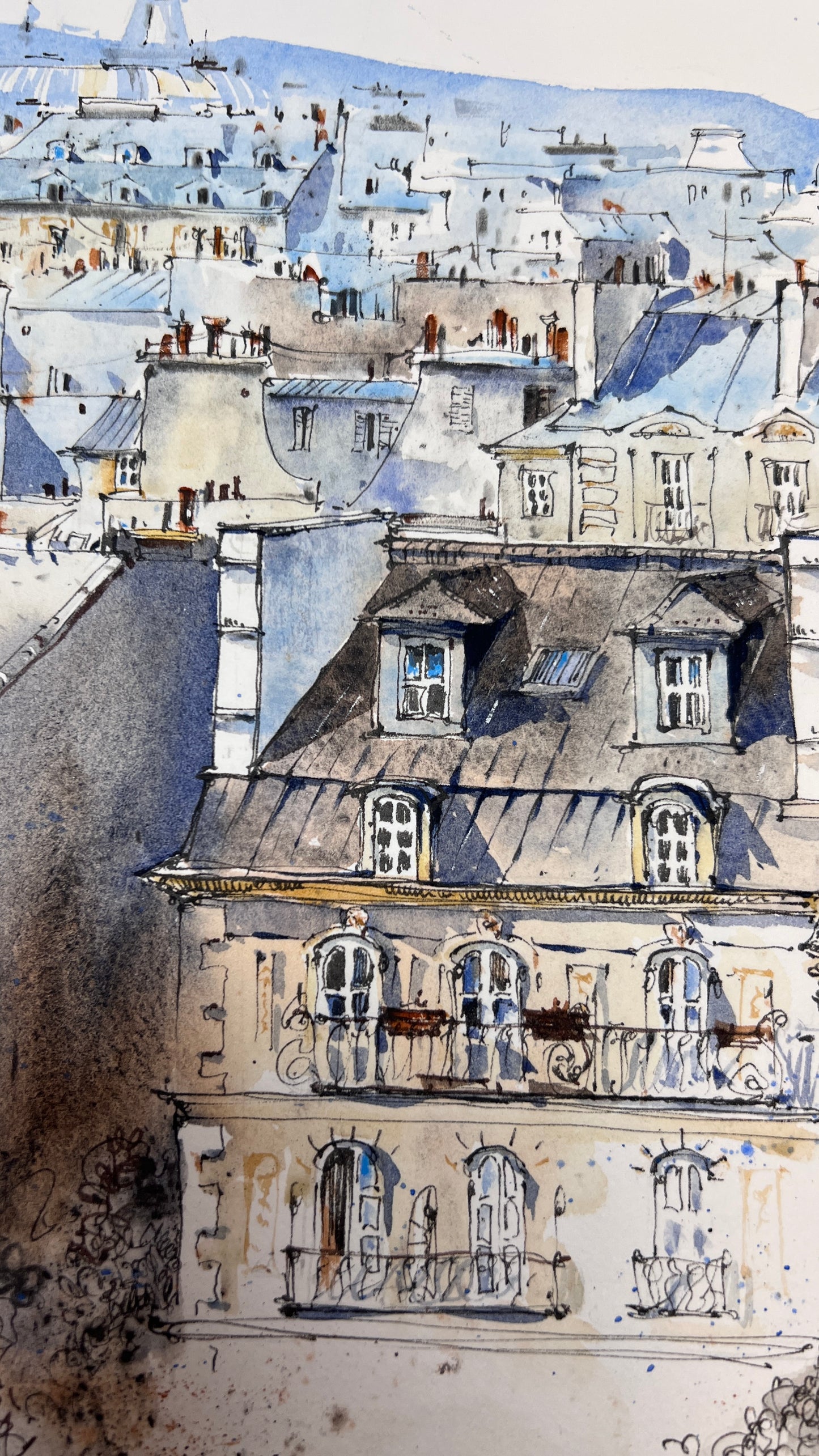 Paris Rooftops Watercolor Painting | Eiffel Tower Urban Sketch |Blue hour of Paris 12x13
