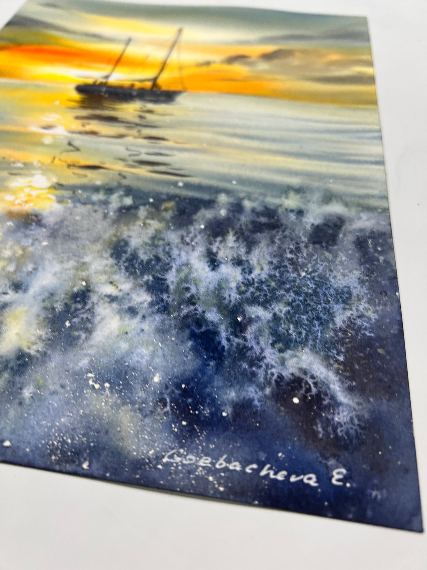 Sailboat Painting Original Watercolor, Sea Art - Yacht at Sunset #12