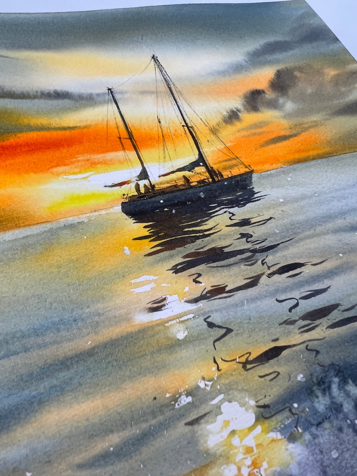 Sailboat Painting Original Watercolor, Sea Art - Yacht at Sunset #12