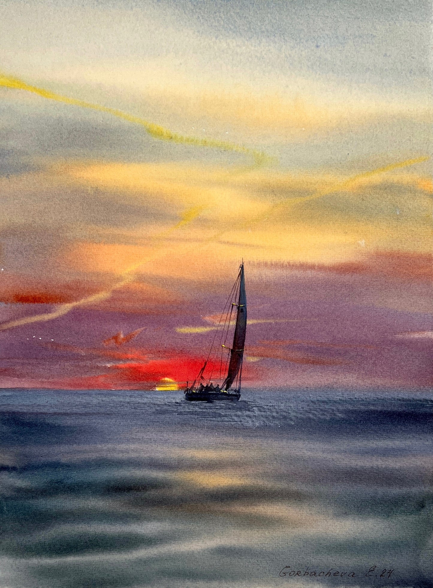 Original Painting "Orange Sunset #22" Sailboat Art - Hand-Painted Watercolor Yacht, 9x12 Fiery Sky Seascape, Art Lover Gift Idea