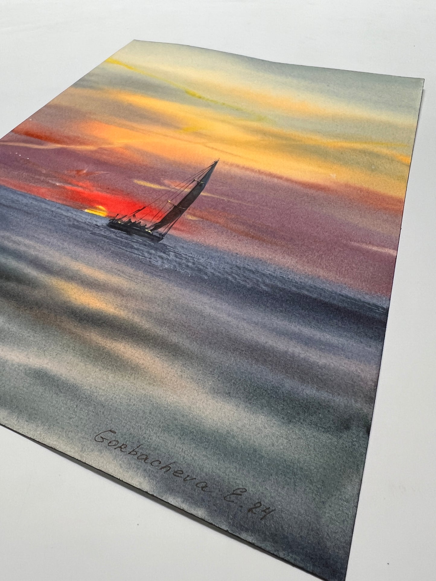 Original Painting "Orange Sunset #22" Sailboat Art - Hand-Painted Watercolor Yacht, 9x12 Fiery Sky Seascape, Art Lover Gift Idea