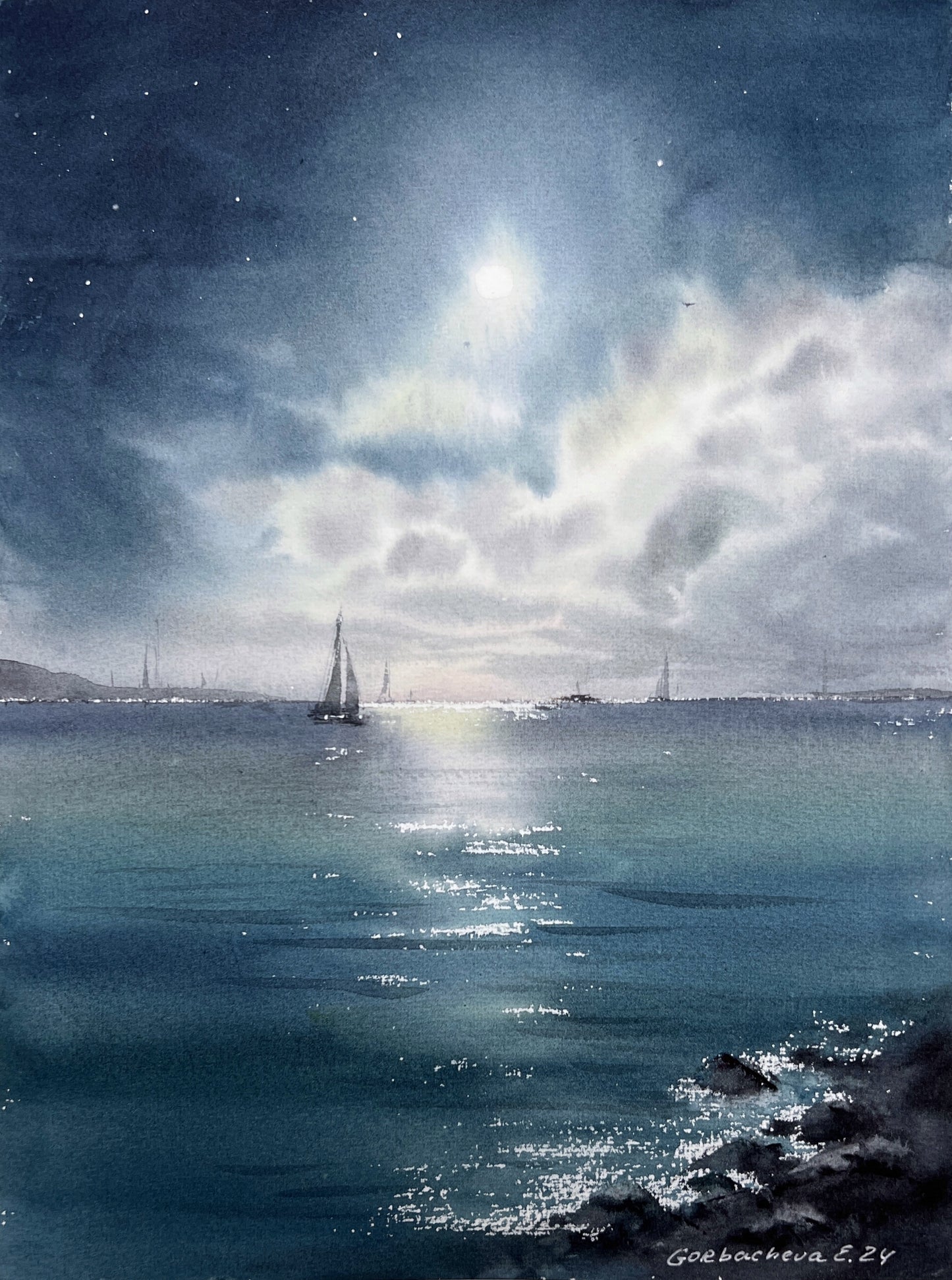 Moon Yacht Painting Watercolor Original - In the moonlight #7