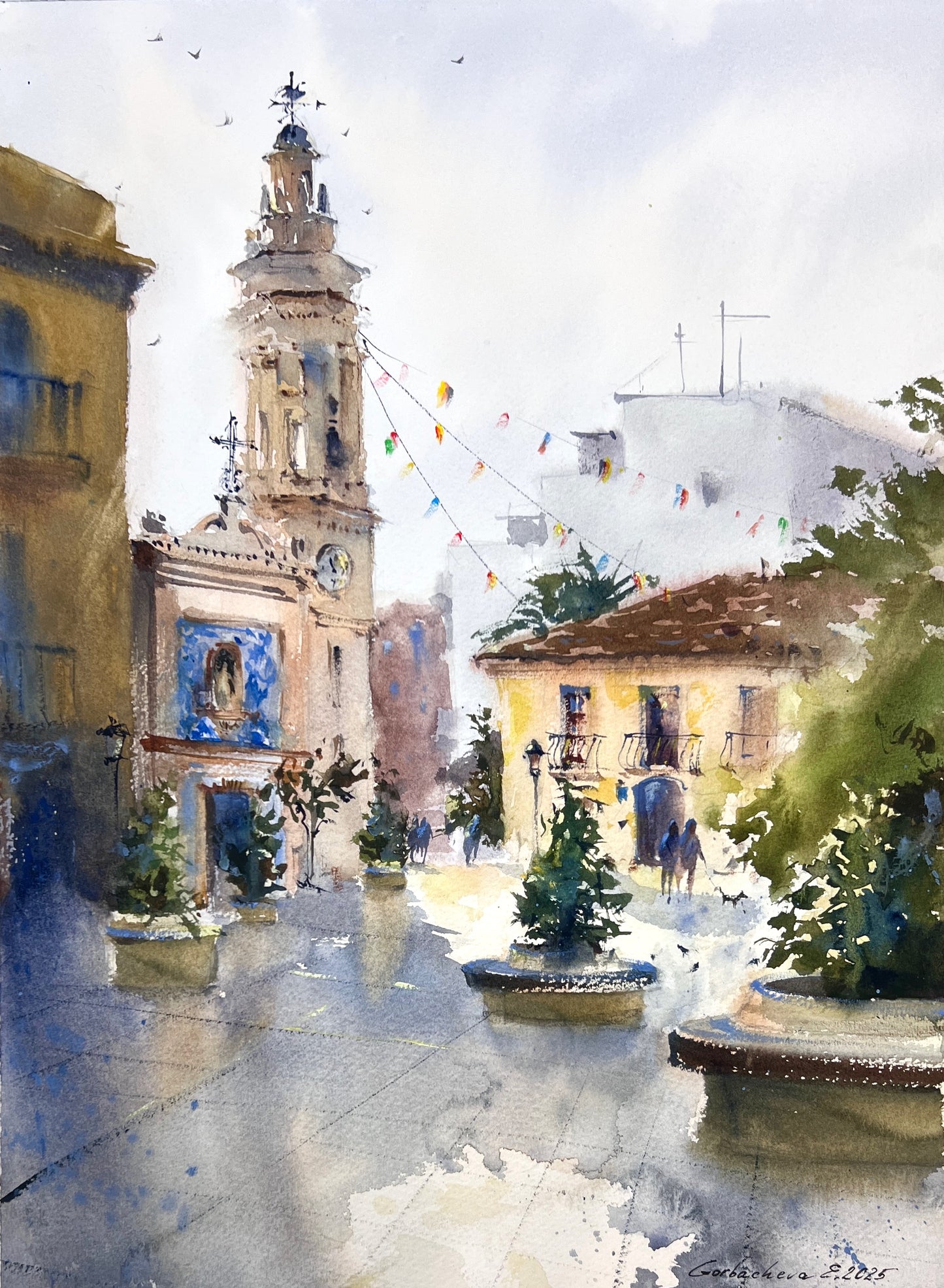 Original Spanish Cityscape Watercolor Painting,A Quiet Morning in Spain 12x16 in