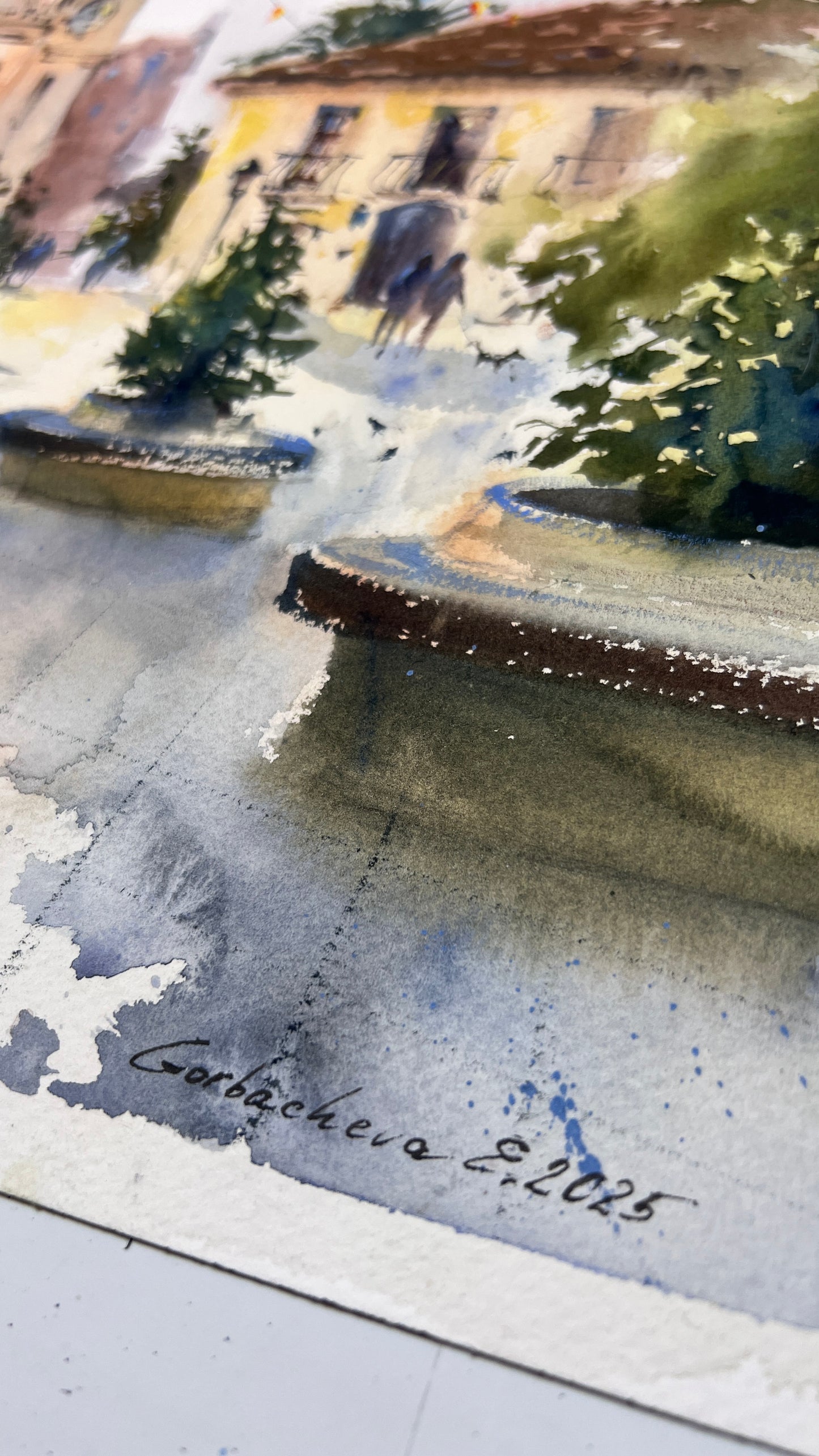 Original Spanish Cityscape Watercolor Painting,A Quiet Morning in Spain 12x16 in