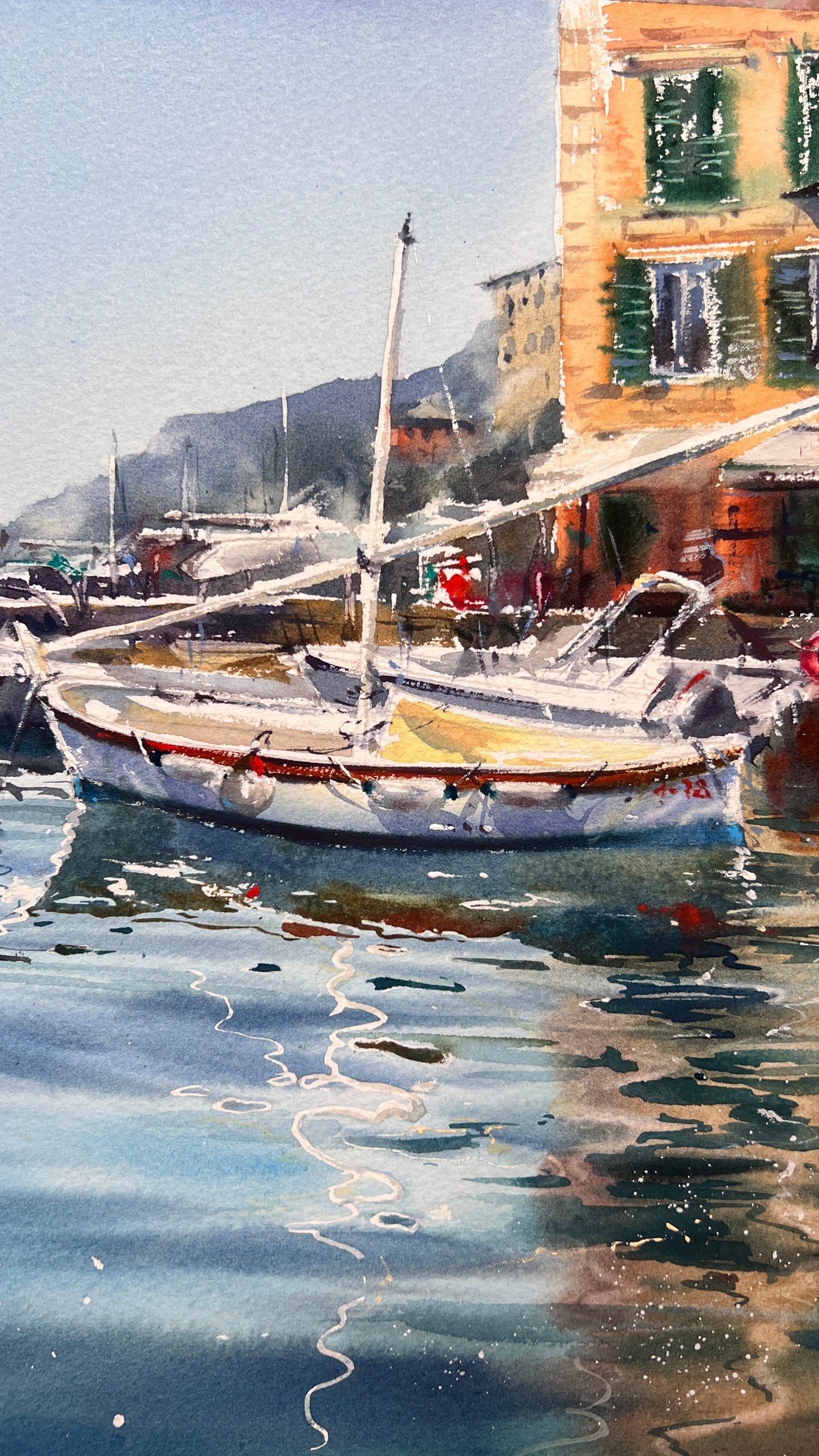 Camogli Harbor Watercolor Painting, Italian Coastal Art, Reflections of Camogli 12x16