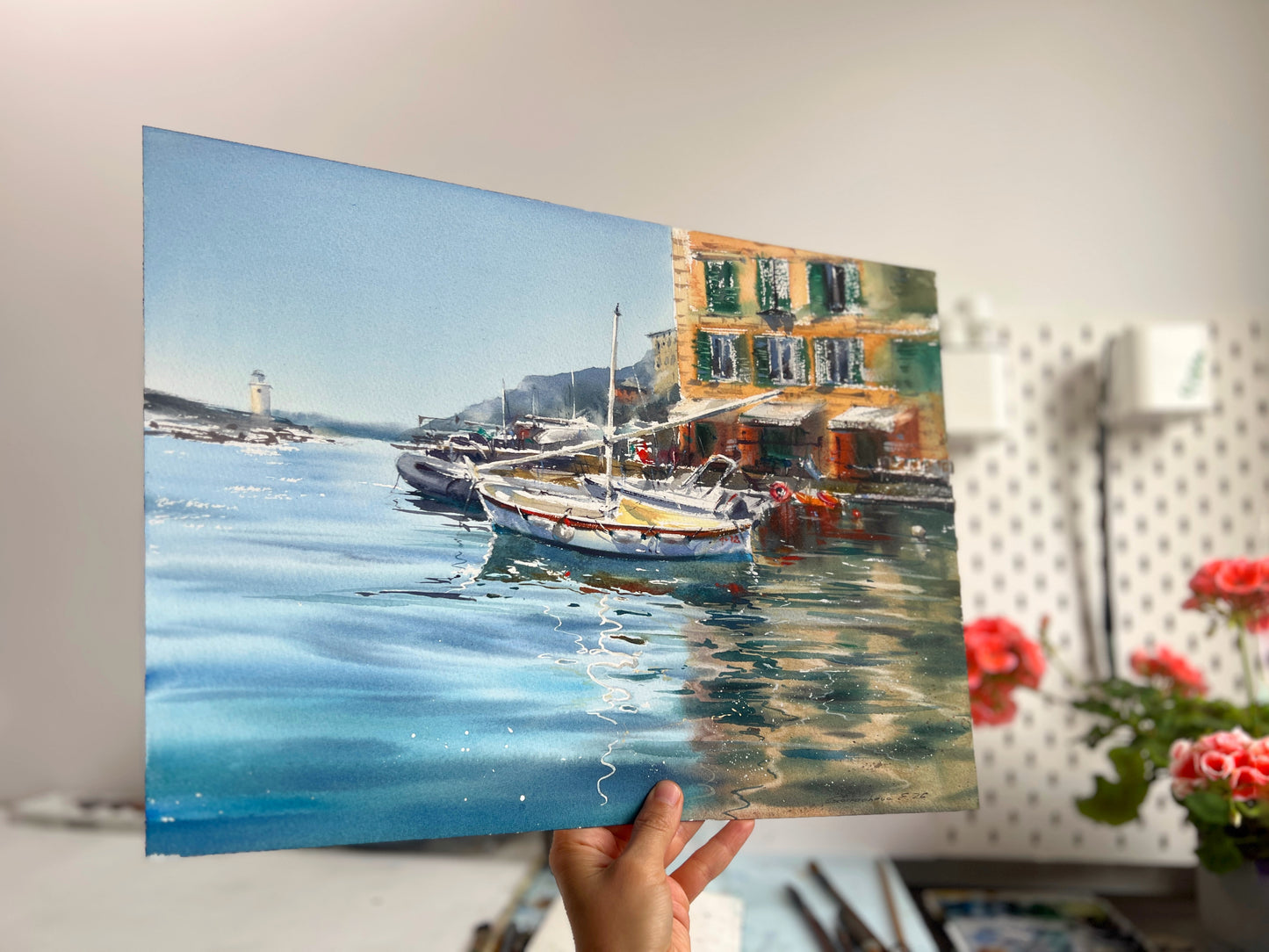 Camogli Harbor Watercolor Painting, Italian Coastal Art, Reflections of Camogli 12x16