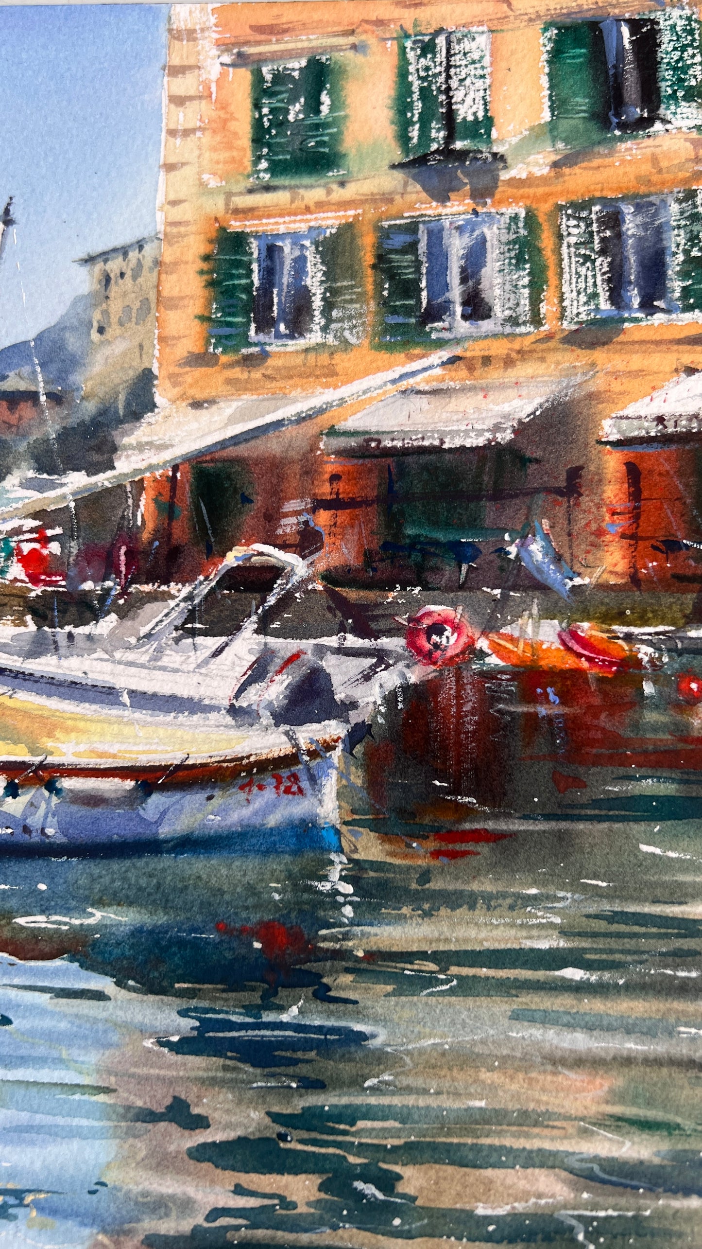 Camogli Harbor Watercolor Painting, Italian Coastal Art, Reflections of Camogli 12x16