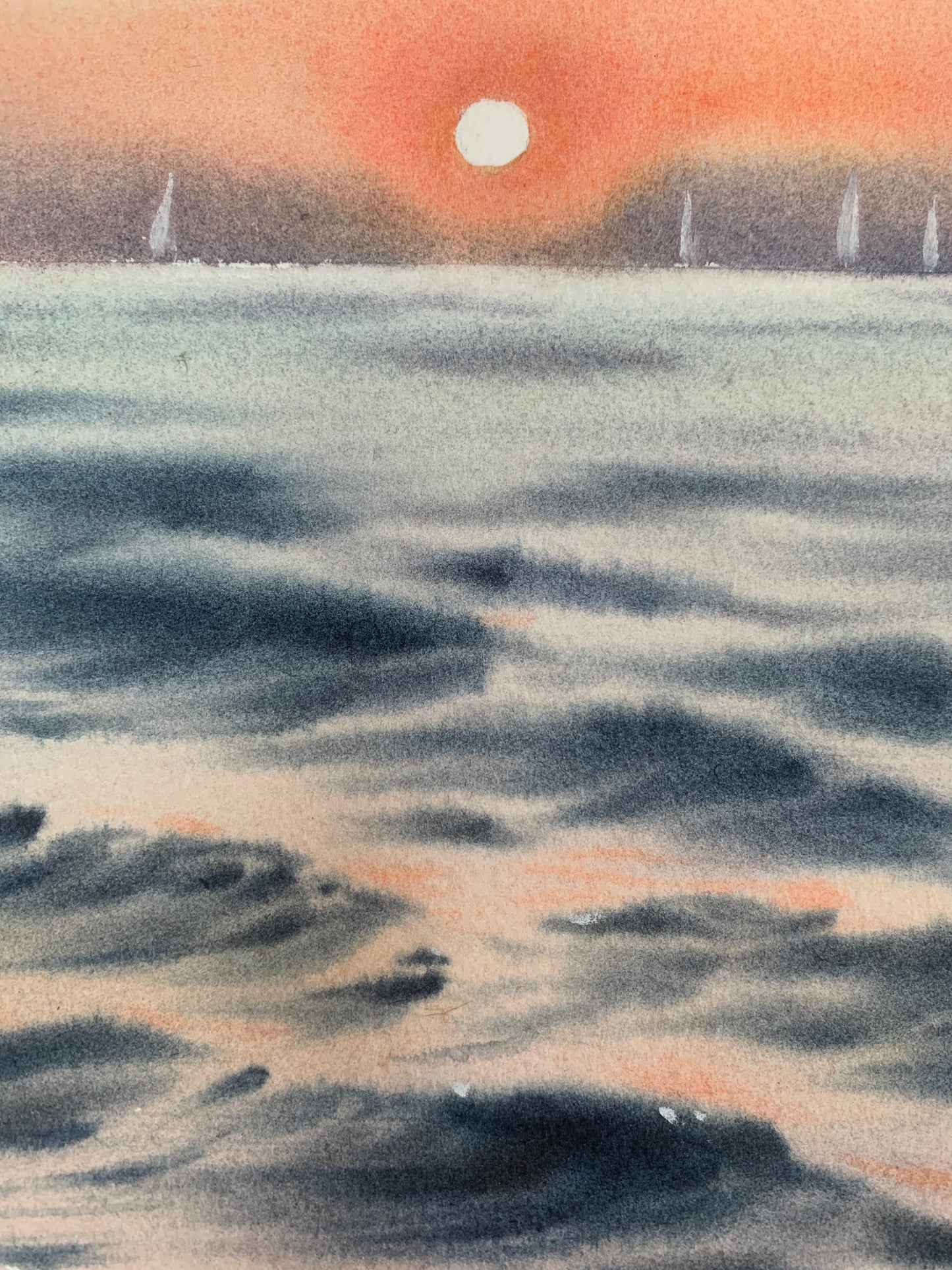 Pink Sunset Sea Watercolor Painting, Orange sunset #7 9x12