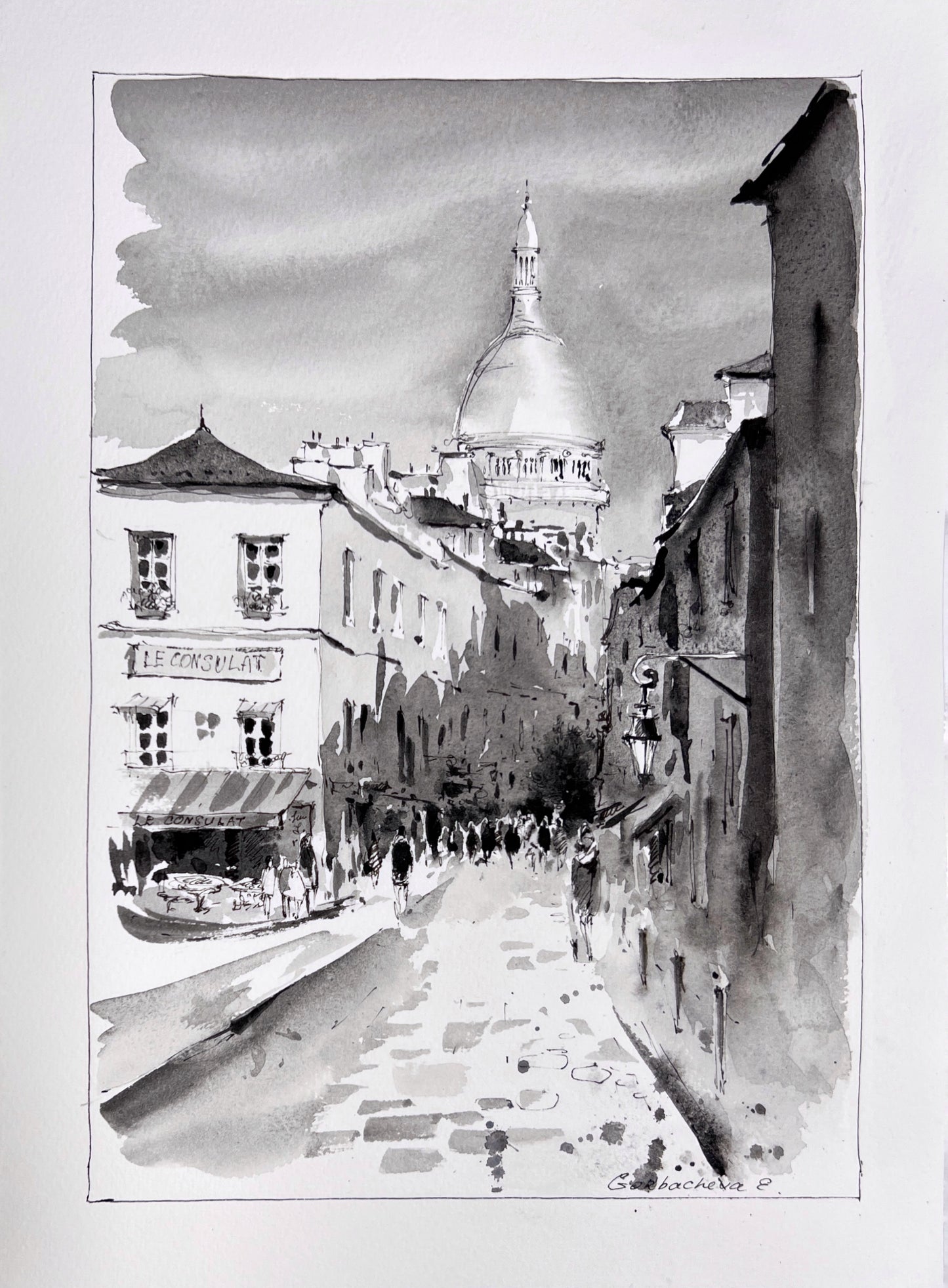 Stunning Monochrome Watercolor Original Painting of Montmartre & Sacre Coeur, Paris