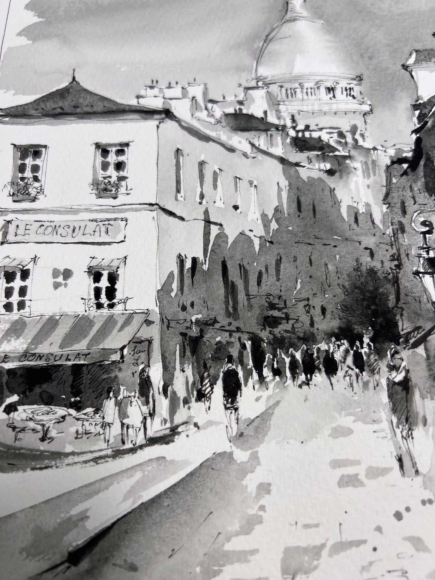 Stunning Monochrome Watercolor Original Painting of Montmartre & Sacre Coeur, Paris