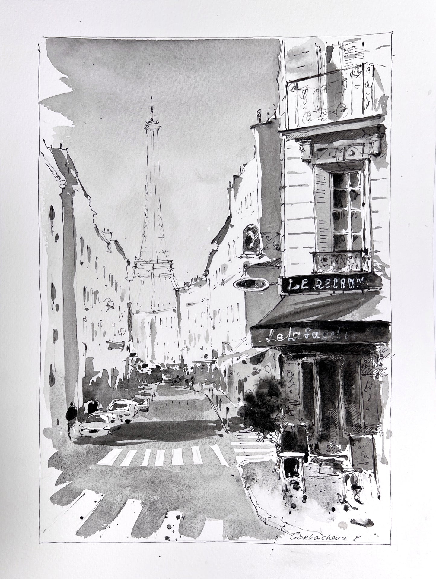 Original Parisian Street Watercolor - Black and White City Art