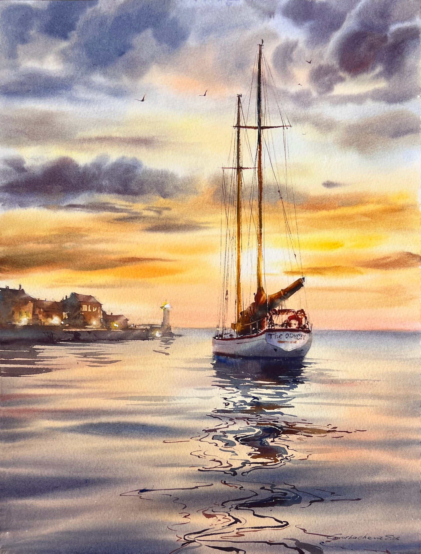 Original Watercolor Sailboat Painting, Sunset Harbor Seascape, Sunset Odyssey 12x16