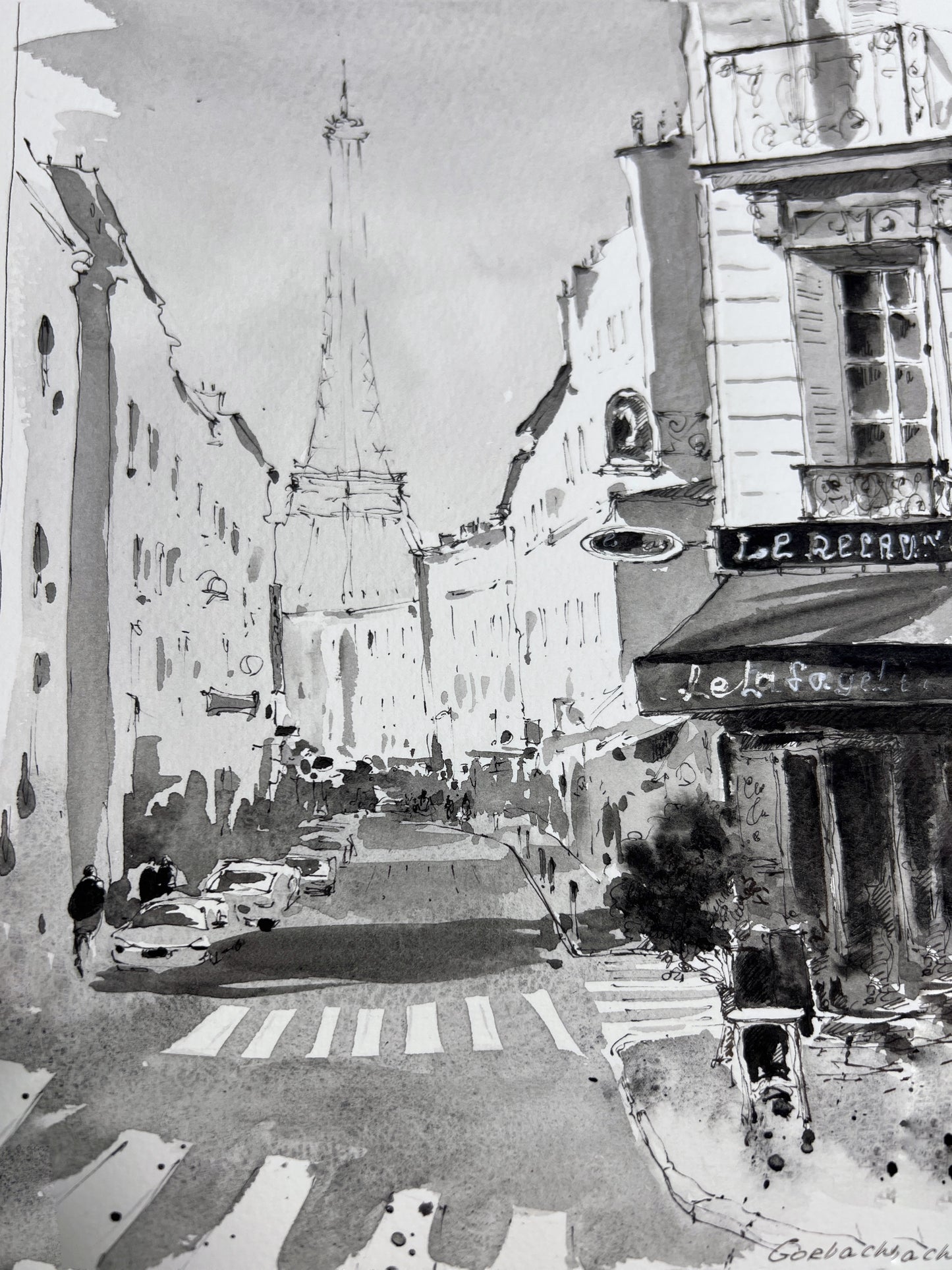 Original Parisian Street Watercolor - Black and White City Art