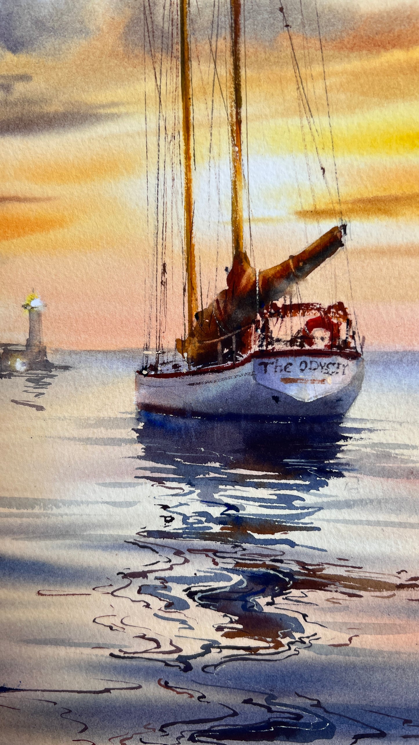 Original Watercolor Sailboat Painting, Sunset Harbor Seascape, Sunset Odyssey 12x16
