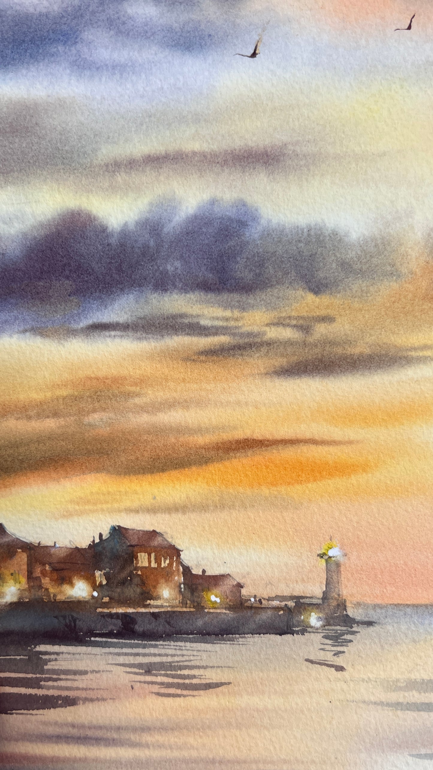 Original Watercolor Sailboat Painting, Sunset Harbor Seascape, Sunset Odyssey 12x16