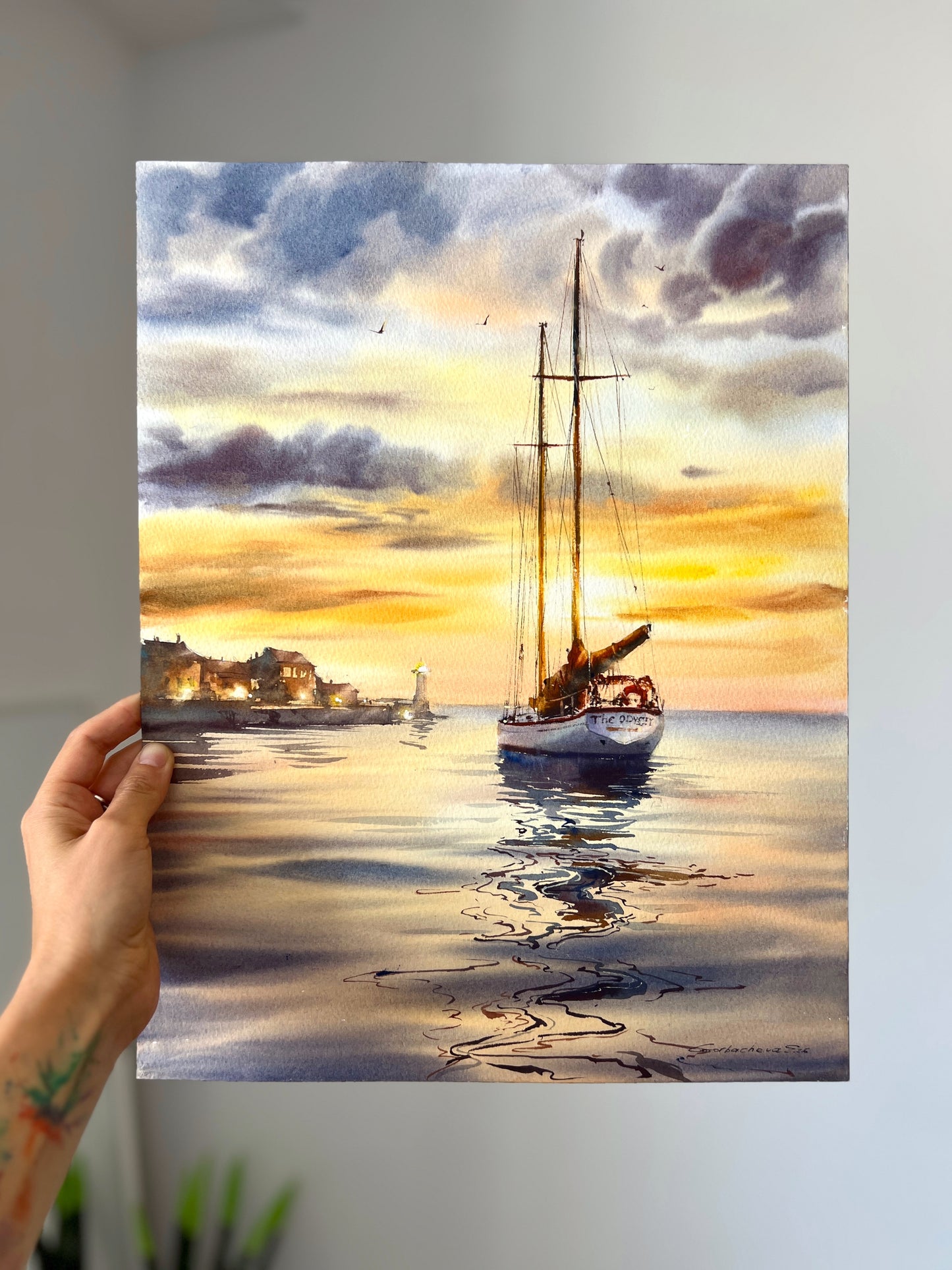 Original Watercolor Sailboat Painting, Sunset Harbor Seascape, Sunset Odyssey 12x16