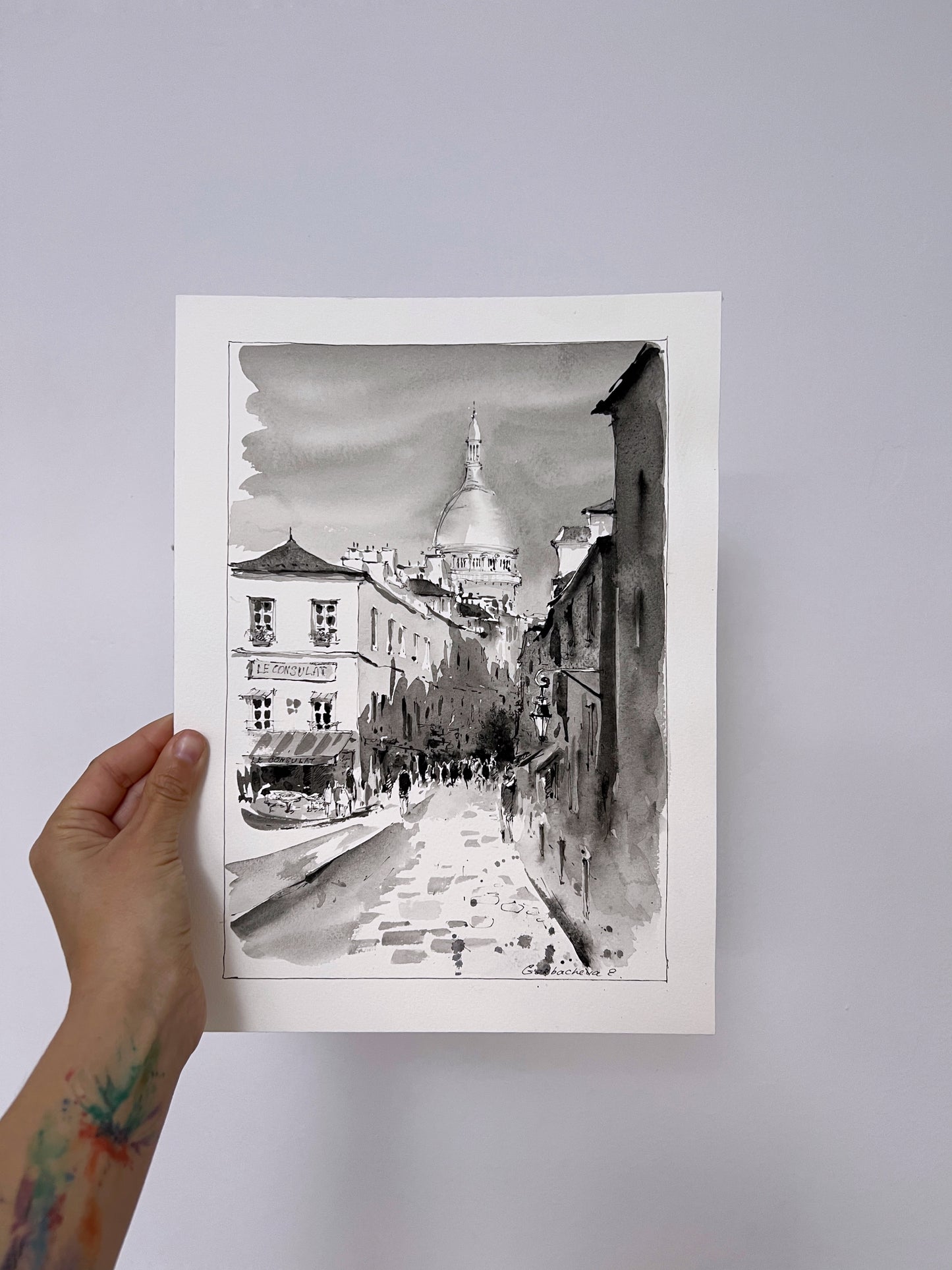 Stunning Monochrome Watercolor Original Painting of Montmartre & Sacre Coeur, Paris