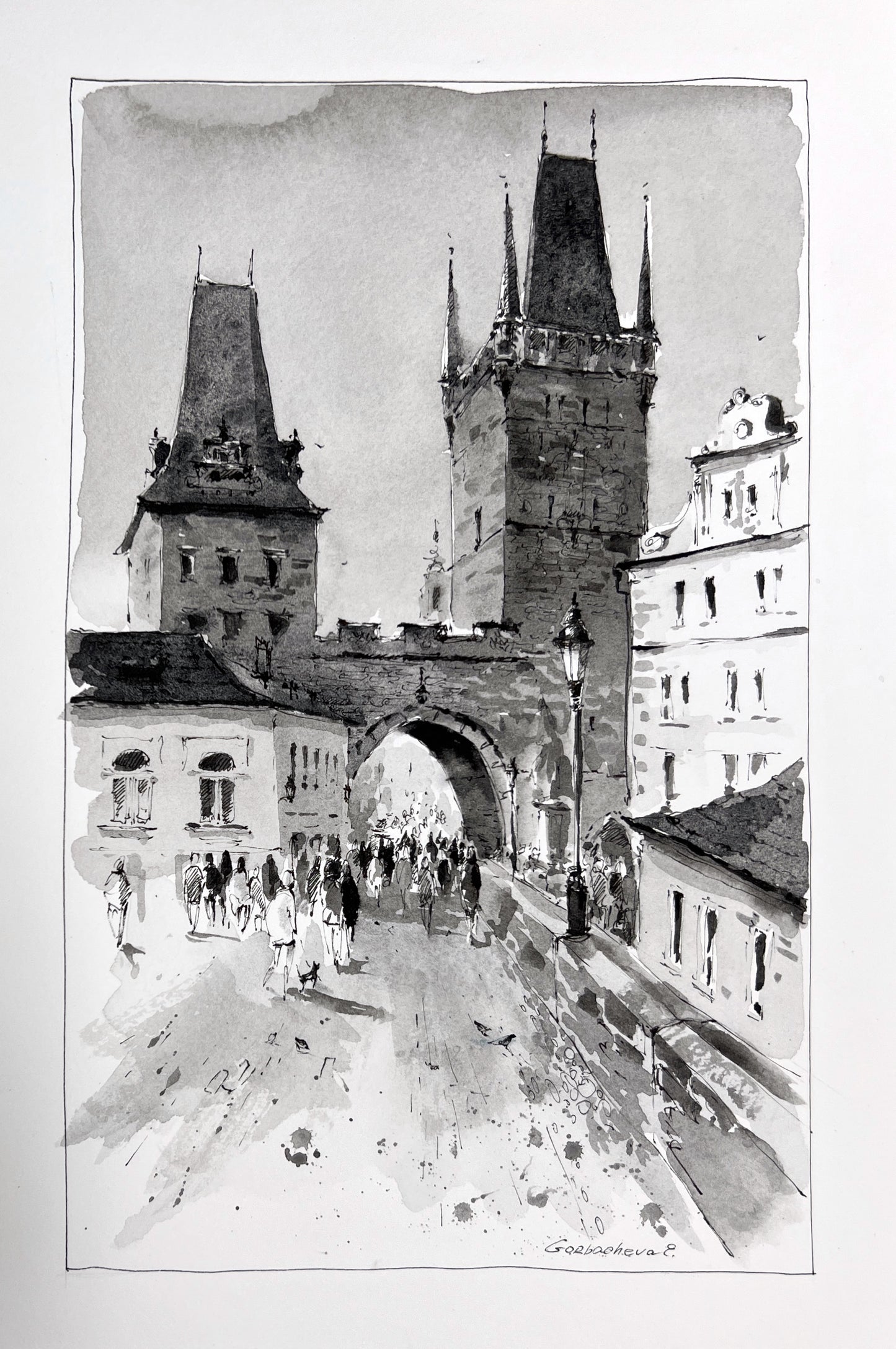 Original Black and White Prague Tales Watercolor Painting