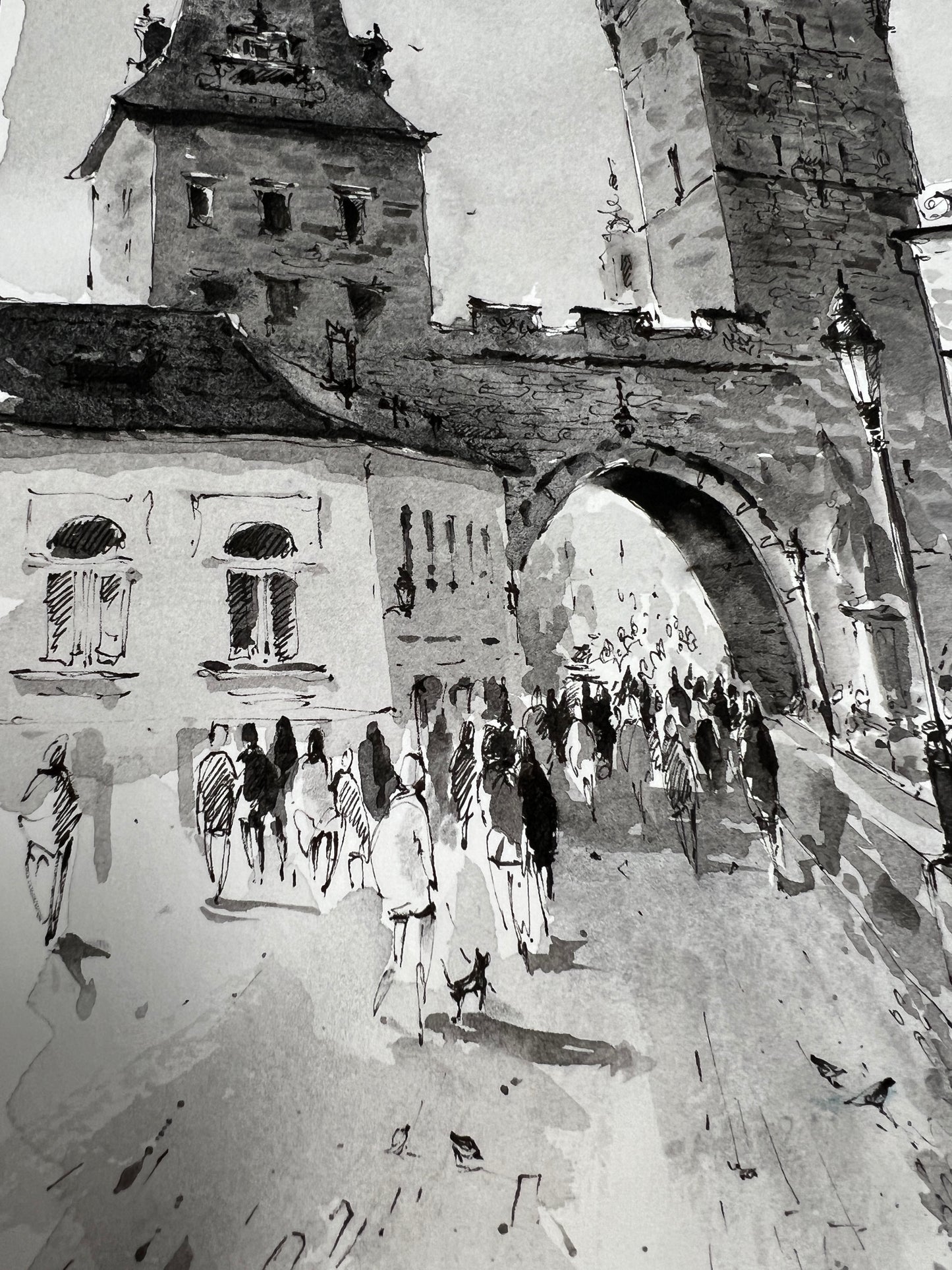 Original Black and White Prague Tales Watercolor Painting