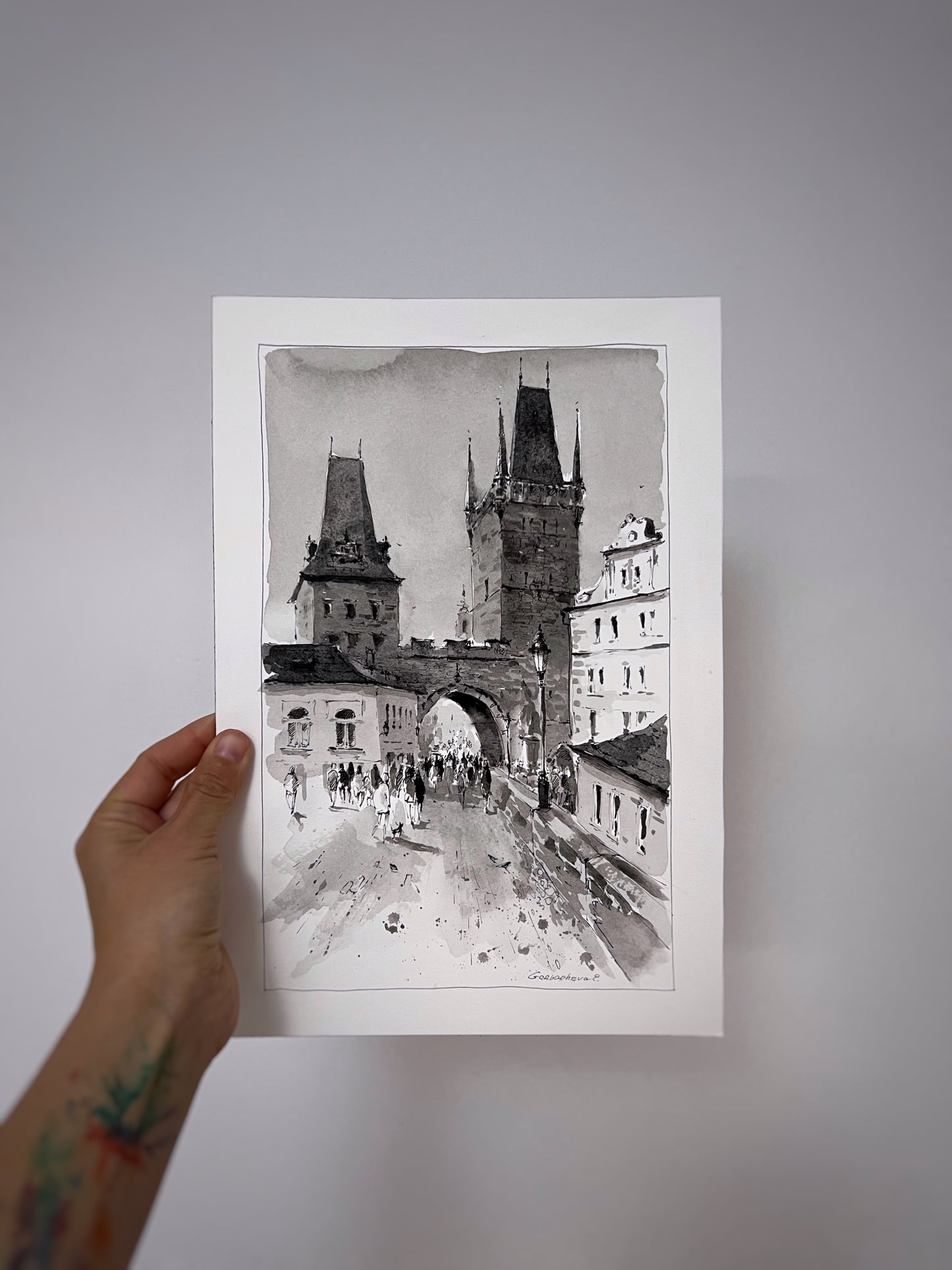 Original Black and White Prague Tales Watercolor Painting