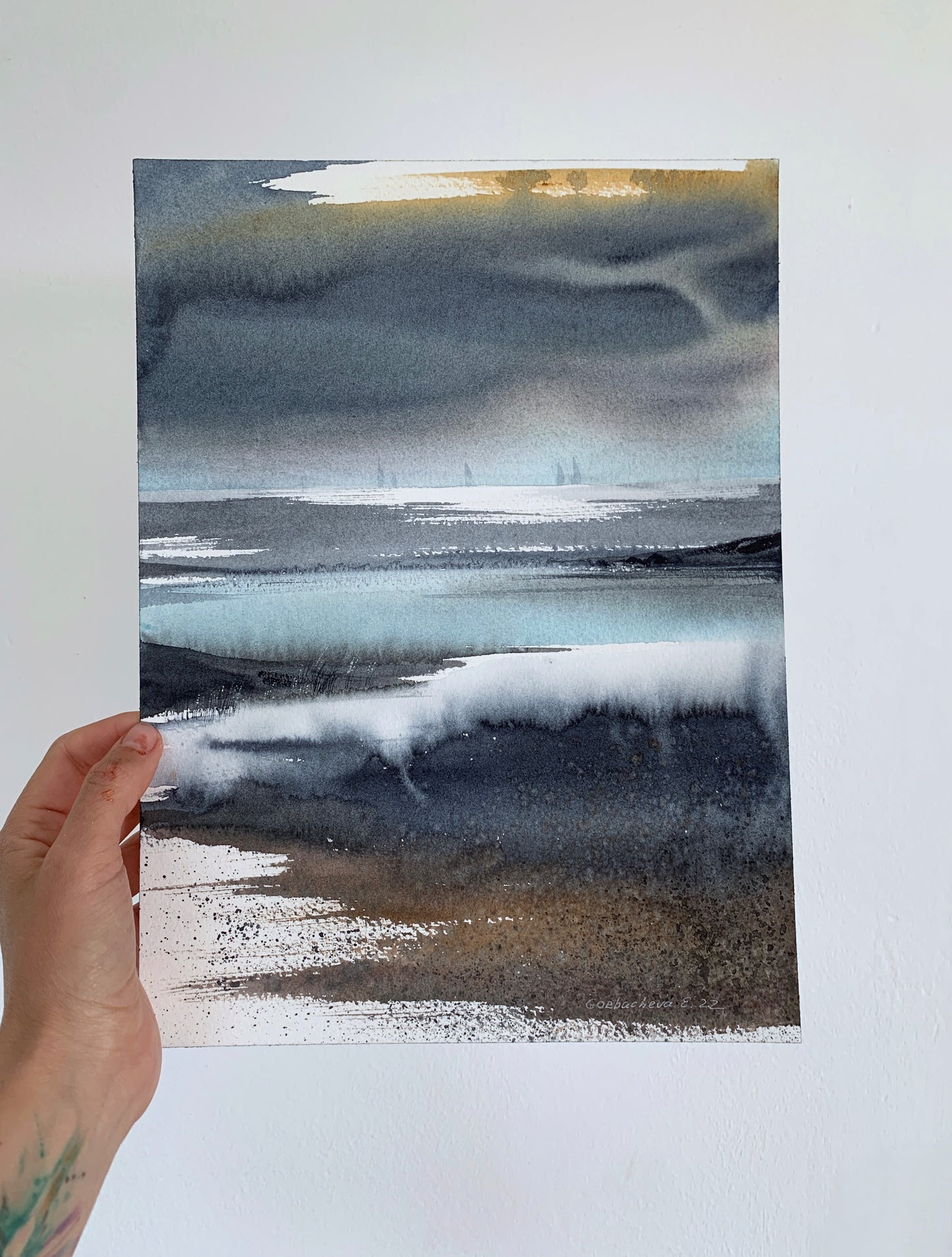 Abstract Nordic Seascape Painting Watercolor Original, ABSTRACTION SEA #4 9x12 in