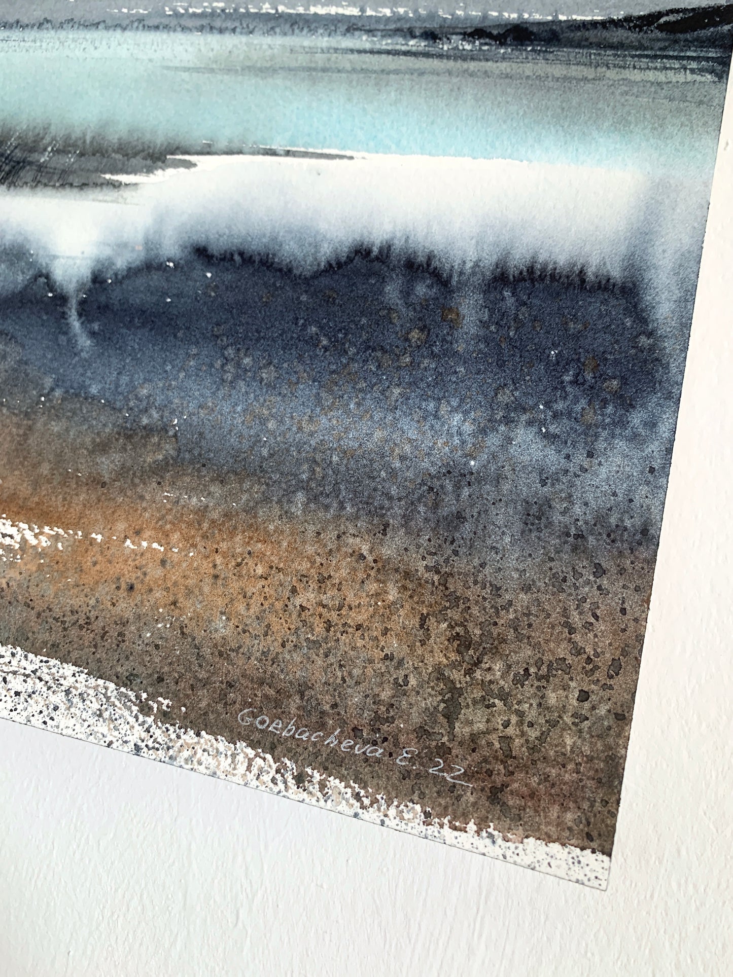 Abstract Nordic Seascape Painting Watercolor Original, ABSTRACTION SEA #4 9x12 in