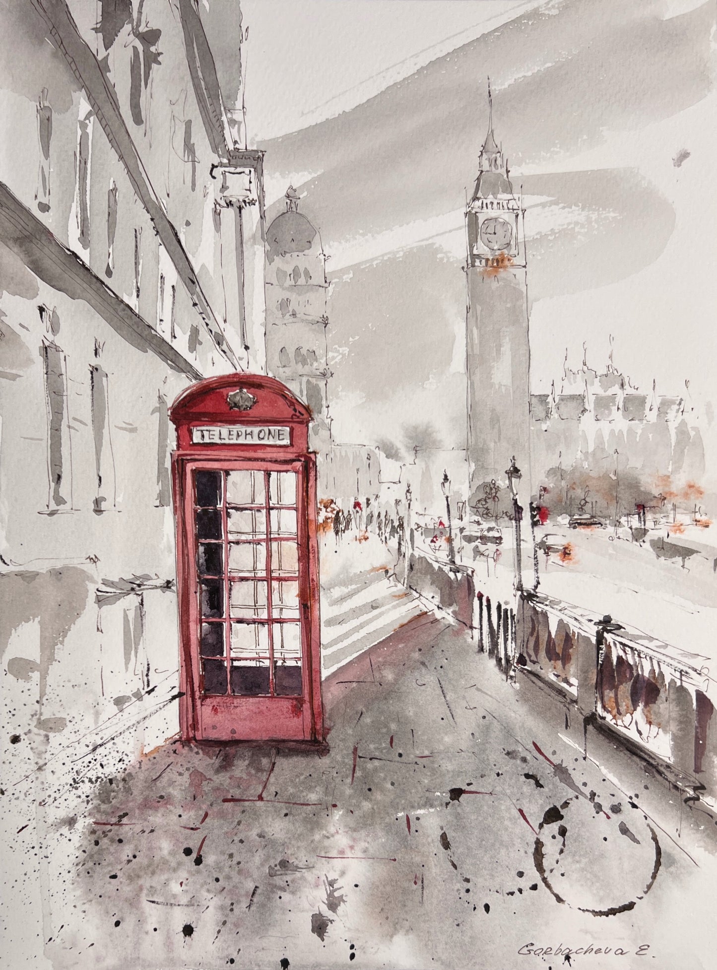 Streets of London Watercolor Art - Red Telephone Box Painting