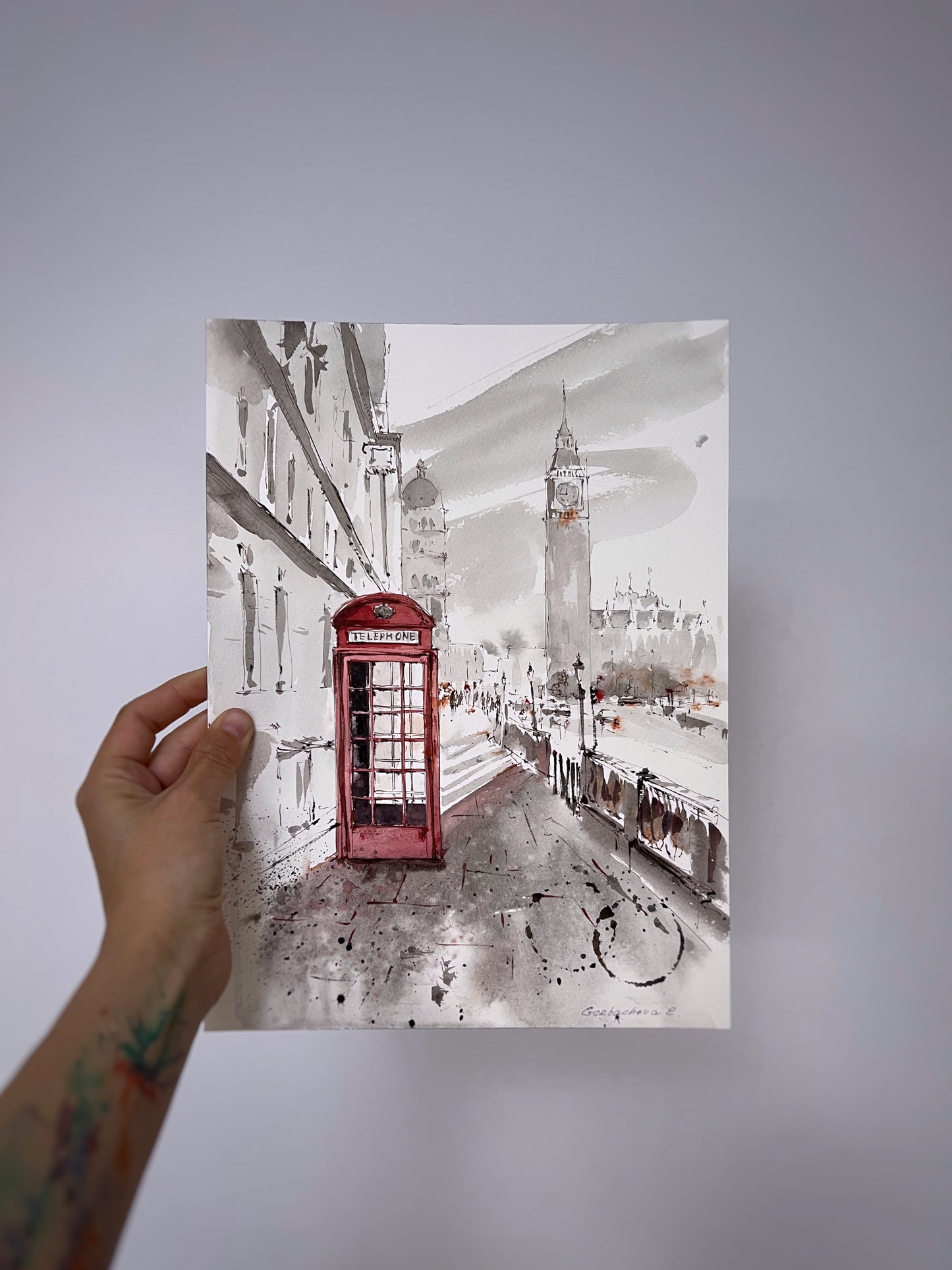 Streets of London Watercolor Art - Red Telephone Box Painting