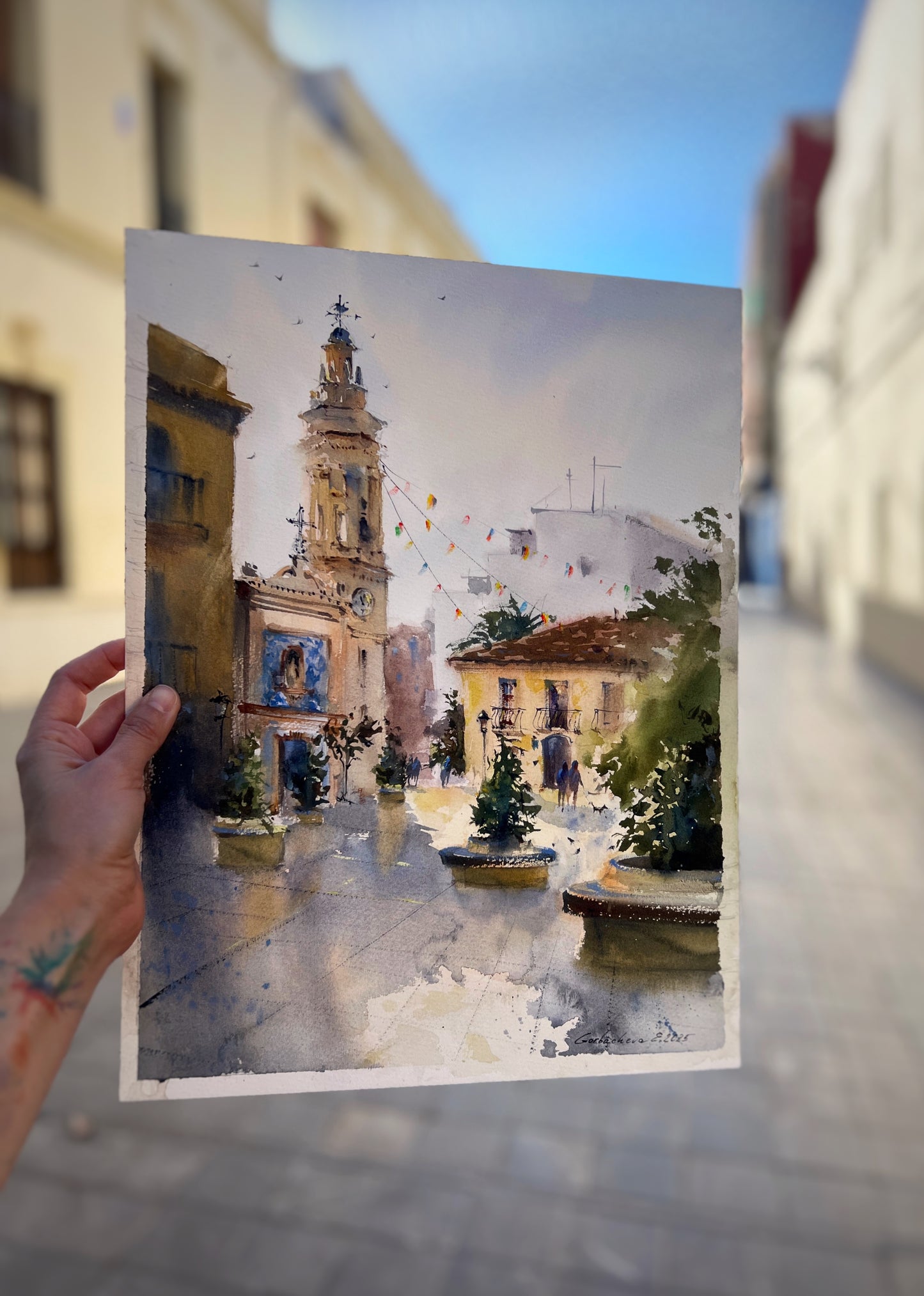 Original Spanish Cityscape Watercolor Painting,A Quiet Morning in Spain 12x16 in