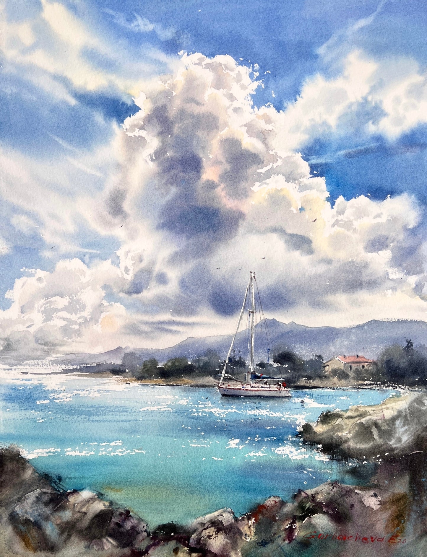 Cyprus Seascape Watercolor Painting, Sailboat Ocean Landscape, Azure Harbor Dream 12x16