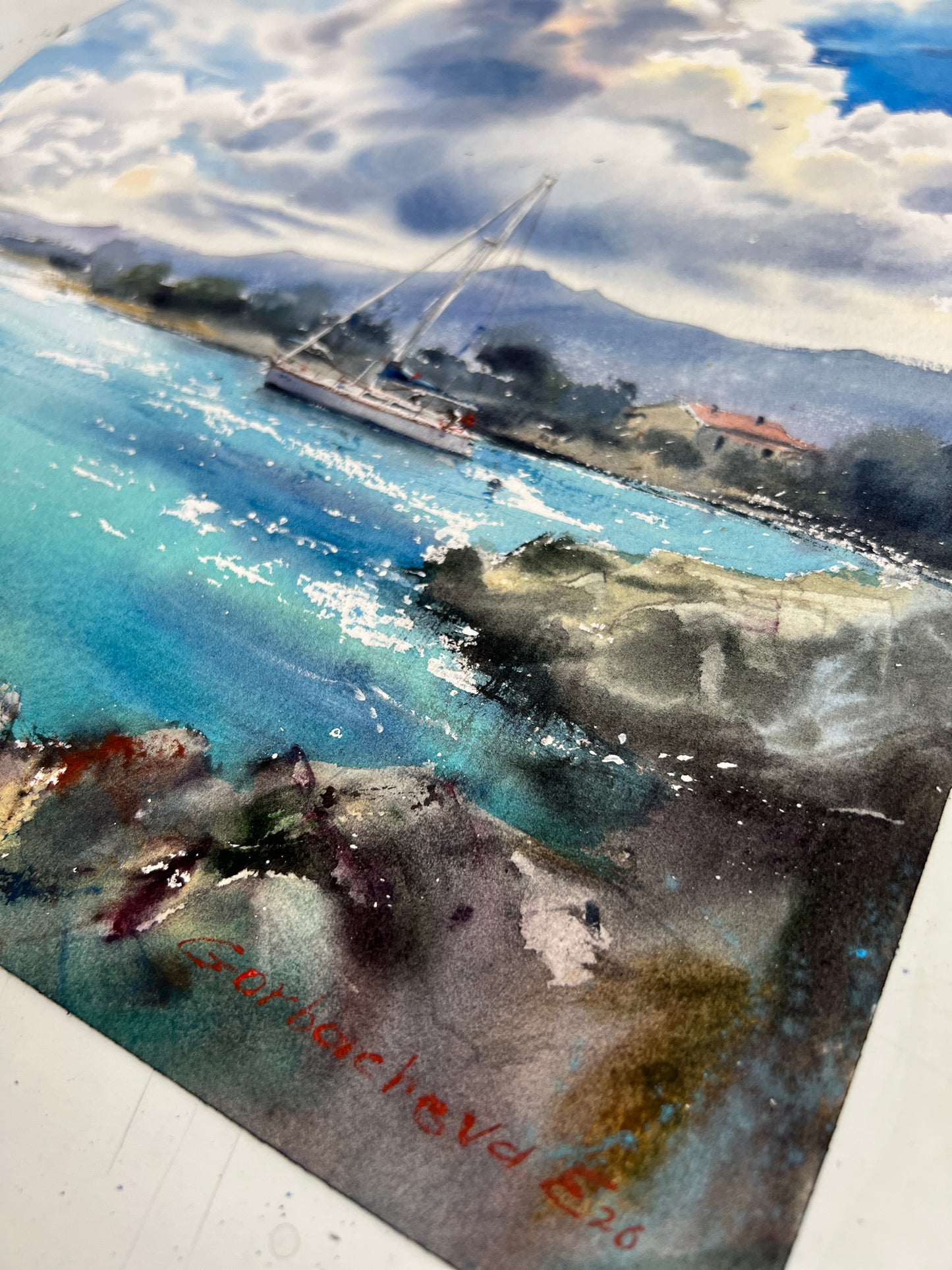 Cyprus Seascape Watercolor Painting, Sailboat Ocean Landscape, Azure Harbor Dream 12x16
