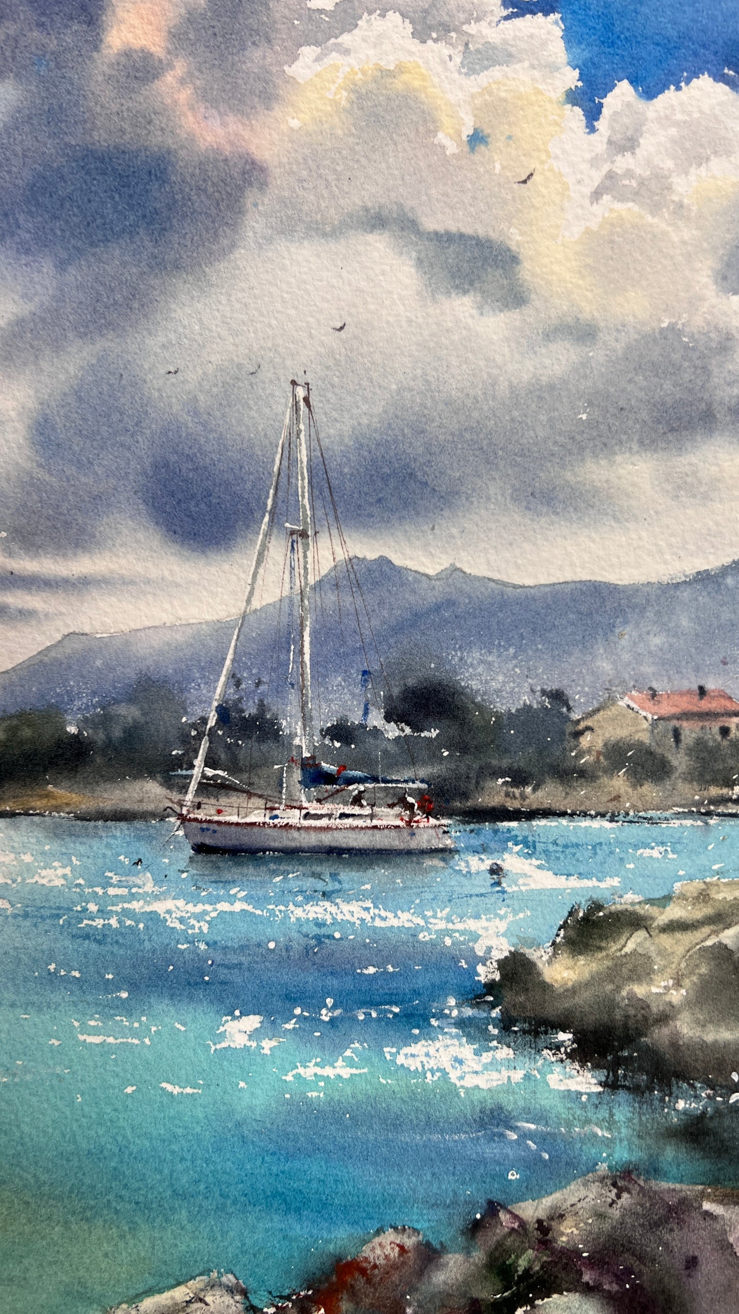 Cyprus Seascape Watercolor Painting, Sailboat Ocean Landscape, Azure Harbor Dream 12x16