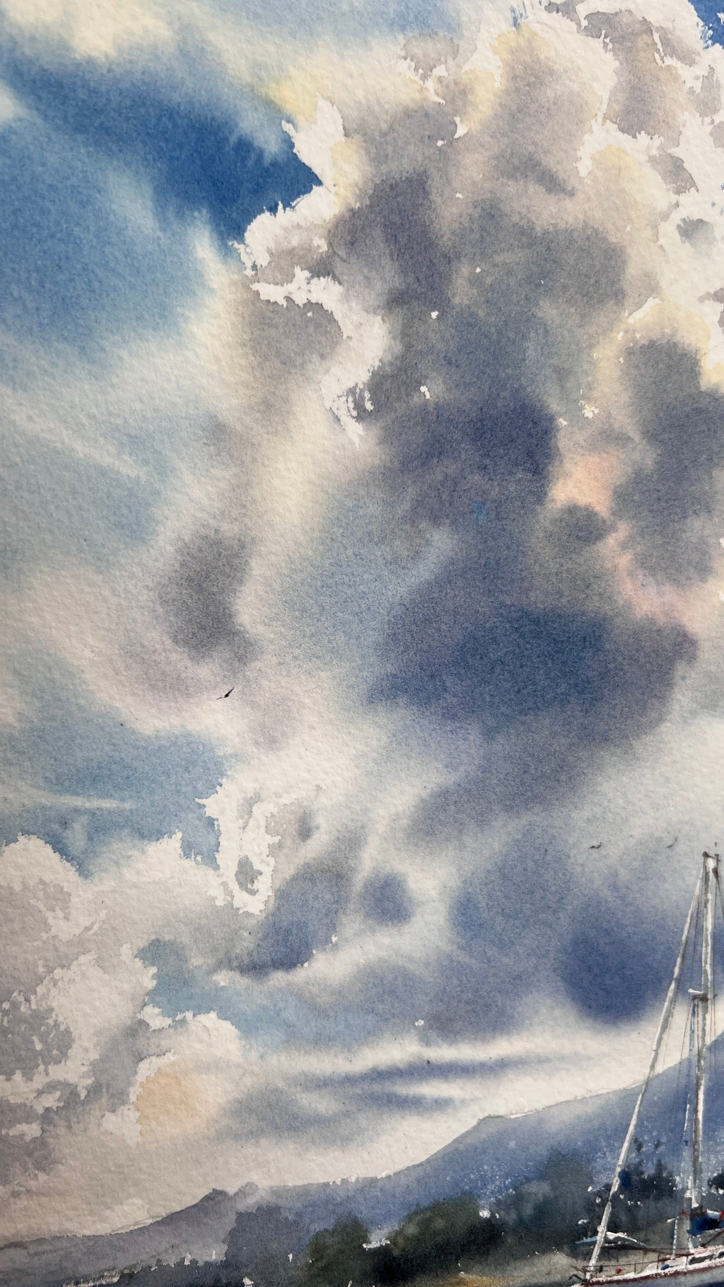 Cyprus Seascape Watercolor Painting, Sailboat Ocean Landscape, Azure Harbor Dream 12x16