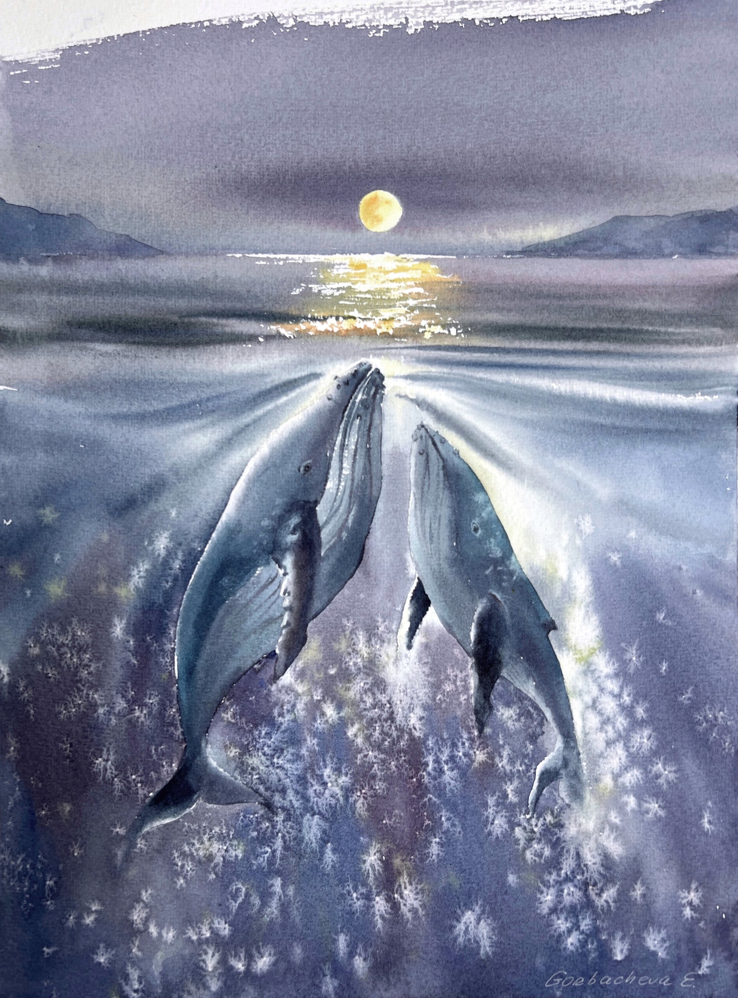 Whales Under the Moon - Unique Watercolor Original Painting of Night Sea