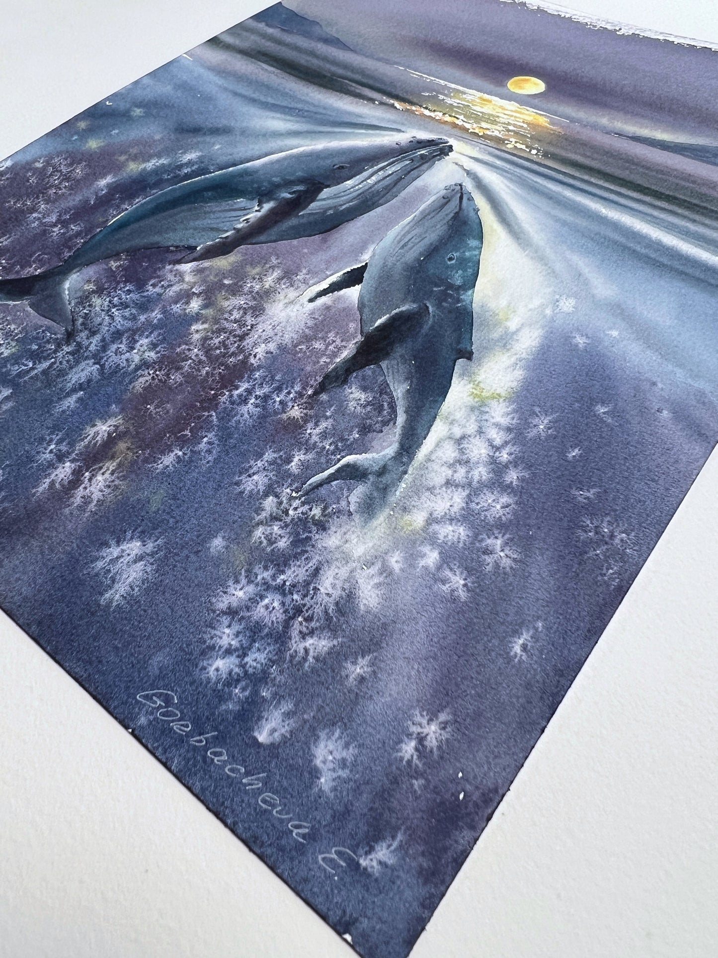 Whales Under the Moon - Unique Watercolor Original Painting of Night Sea