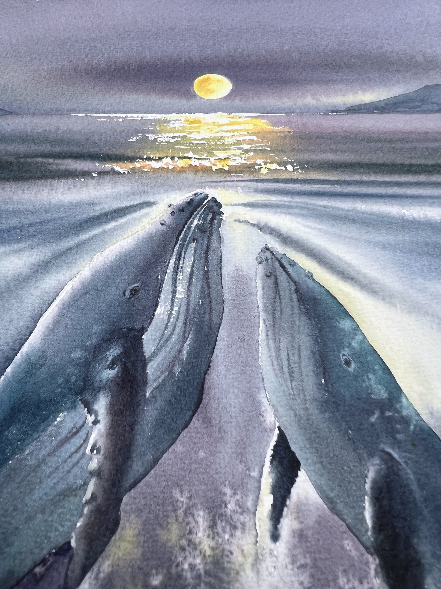 Whales Under the Moon - Unique Watercolor Original Painting of Night Sea