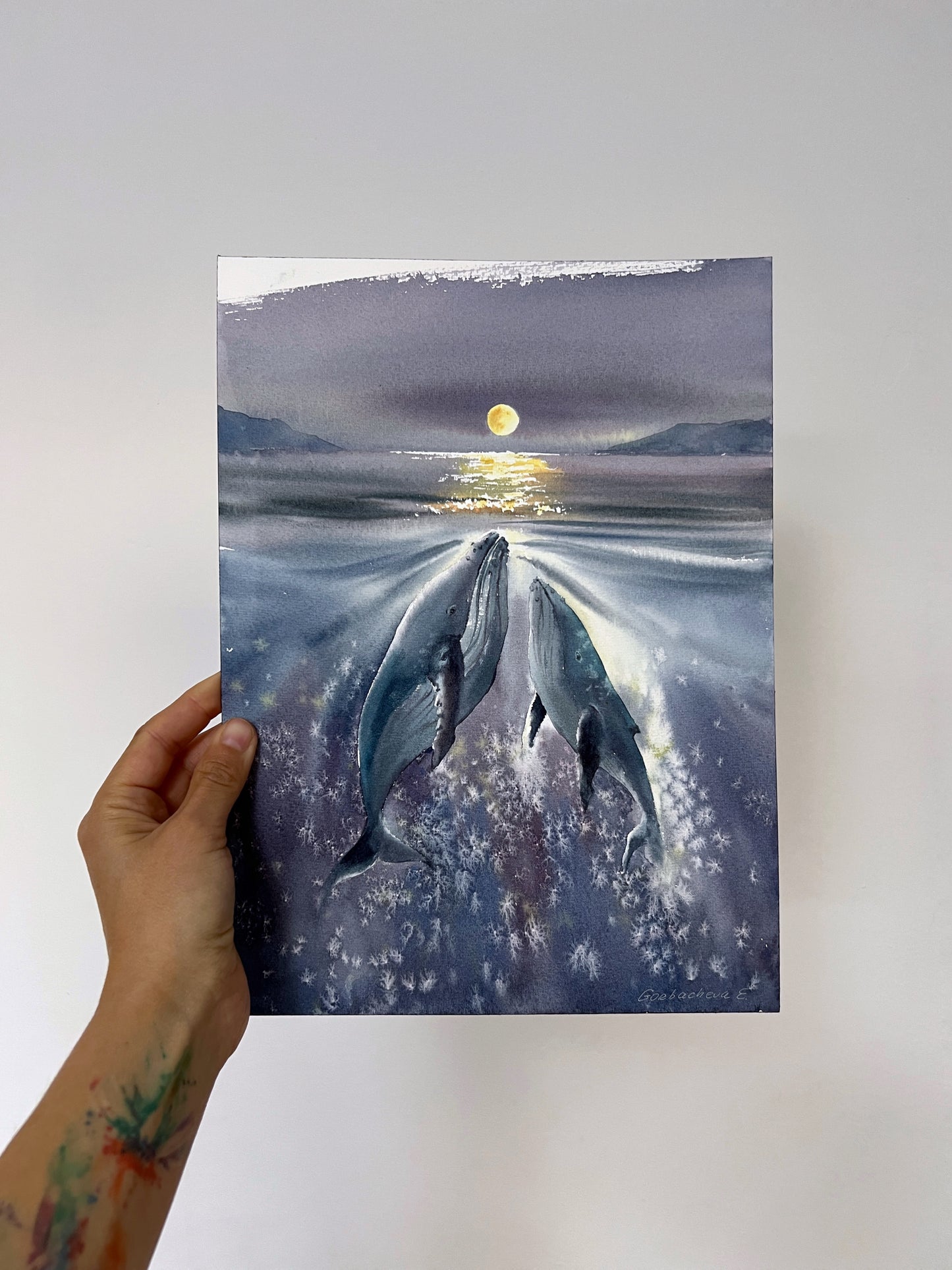 Whales Under the Moon - Unique Watercolor Original Painting of Night Sea