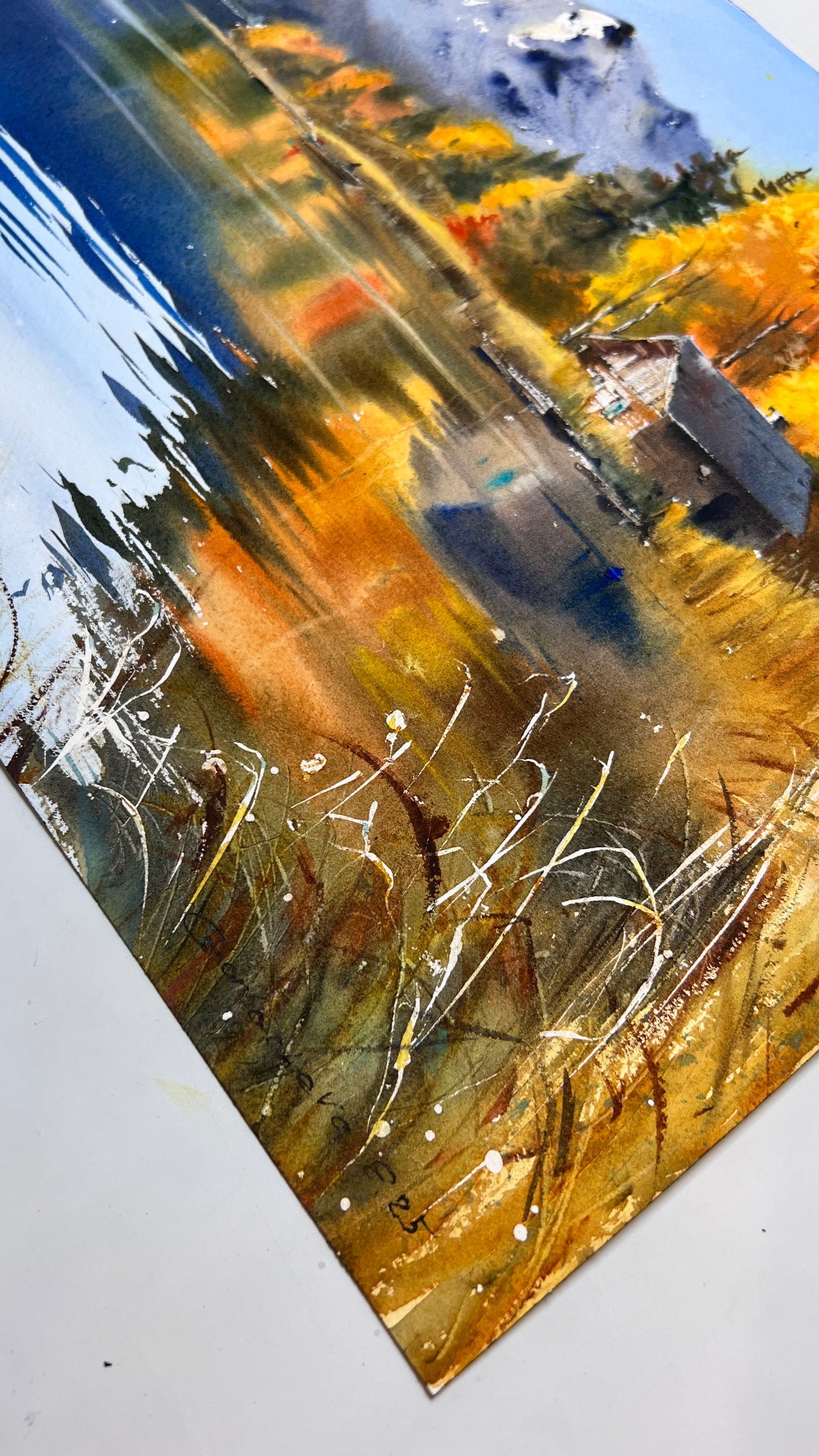 Original Autumn Mountain Lake Watercolor Painting, Mountain Solitude 12x16 in