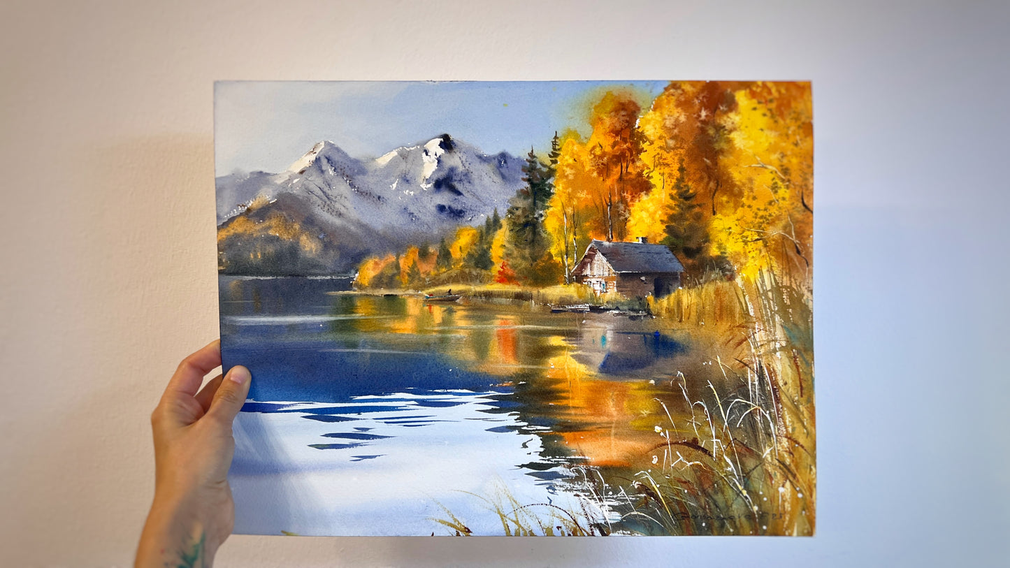 Original Autumn Mountain Lake Watercolor Painting, Mountain Solitude 12x16 in