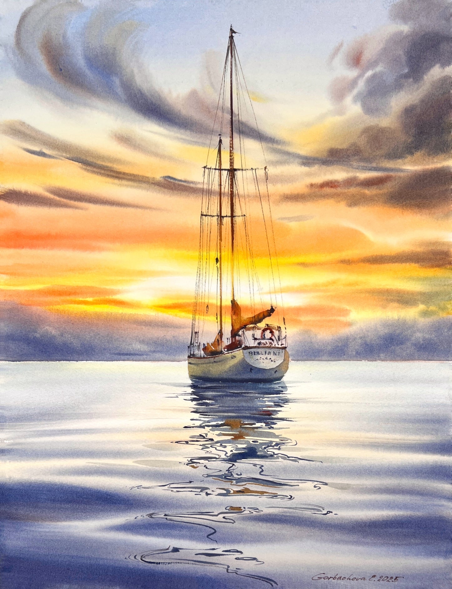 Original Sunset Sailboat Watercolor Painting, Yacht on Reflective Water Art,Golden hour on a yacht #2 12x16 in