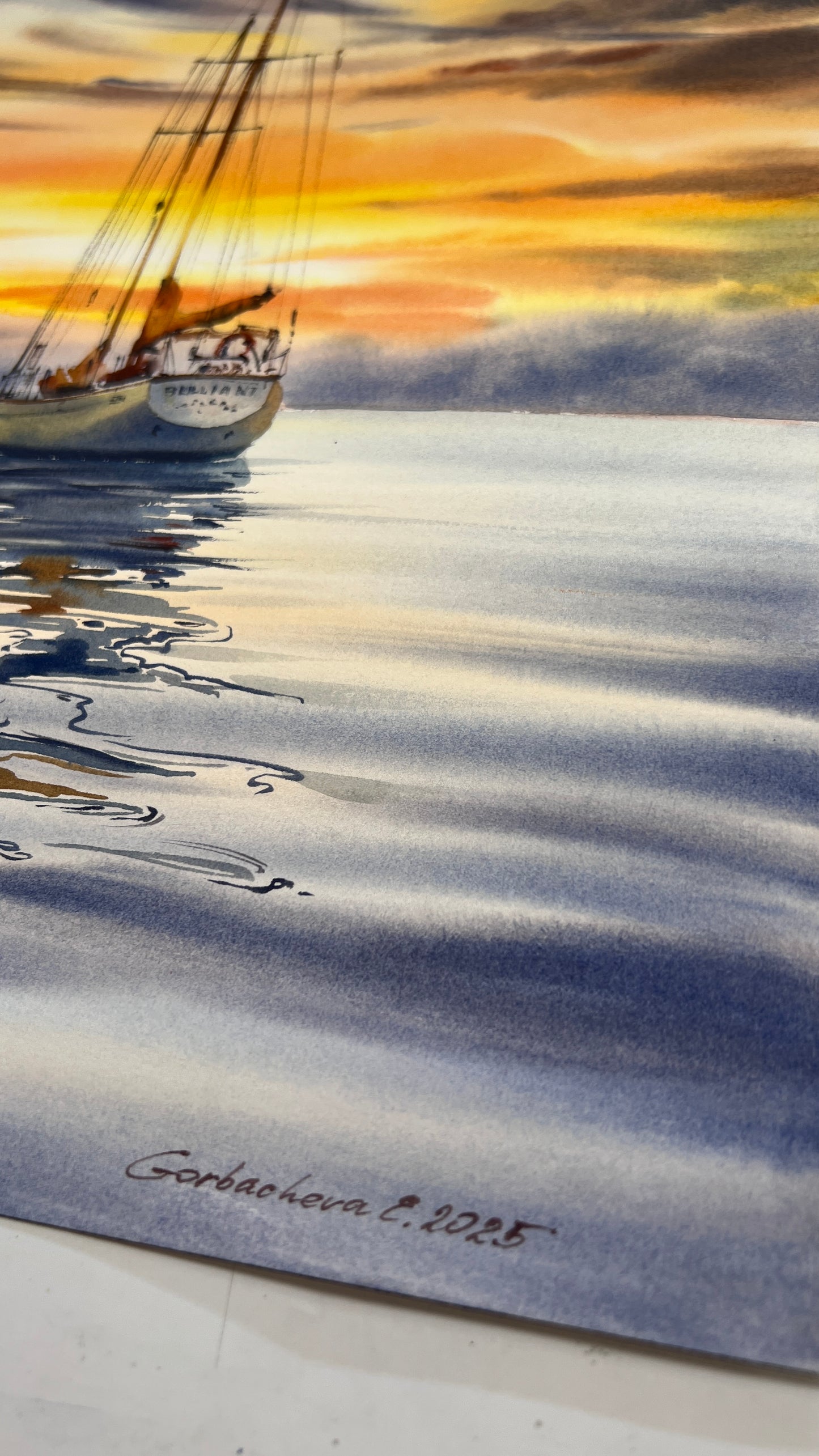 Original Sunset Sailboat Watercolor Painting, Yacht on Reflective Water Art,Golden hour on a yacht #2 12x16 in