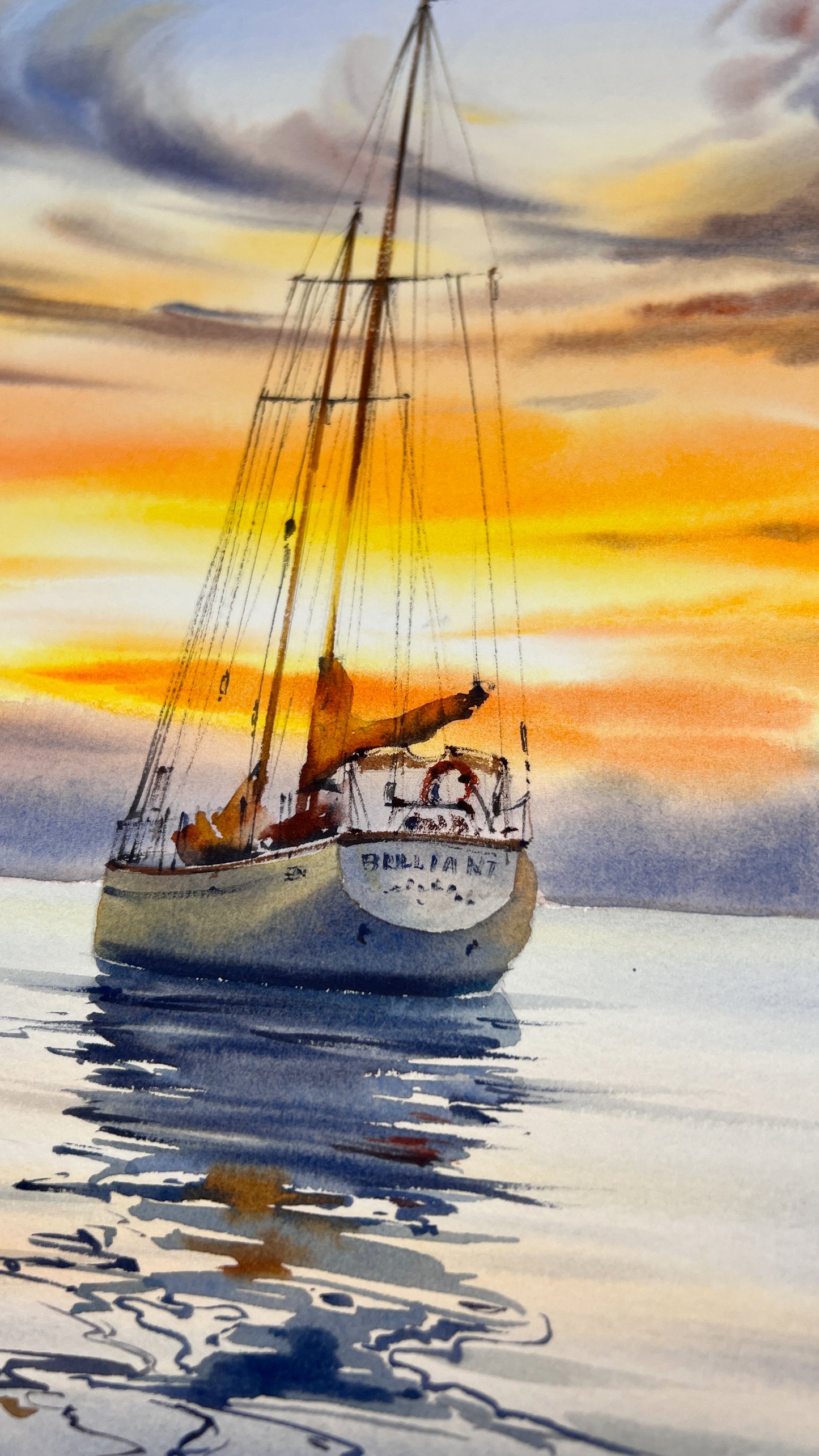 Original Sunset Sailboat Watercolor Painting, Yacht on Reflective Water Art,Golden hour on a yacht #2 12x16 in