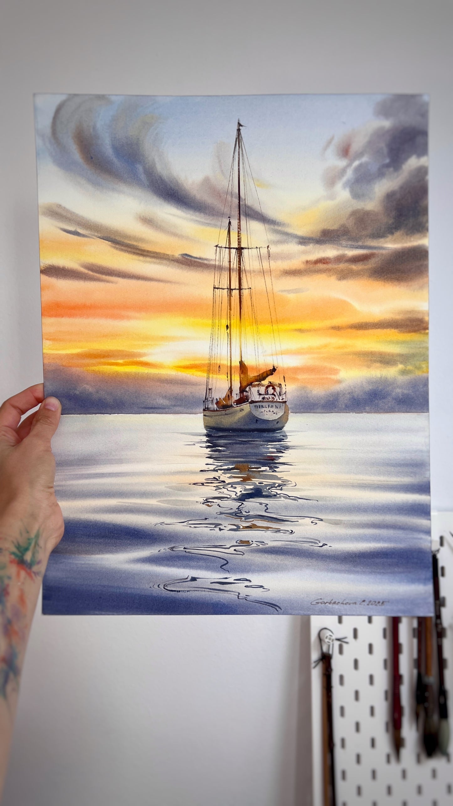 Original Sunset Sailboat Watercolor Painting, Yacht on Reflective Water Art,Golden hour on a yacht #2 12x16 in