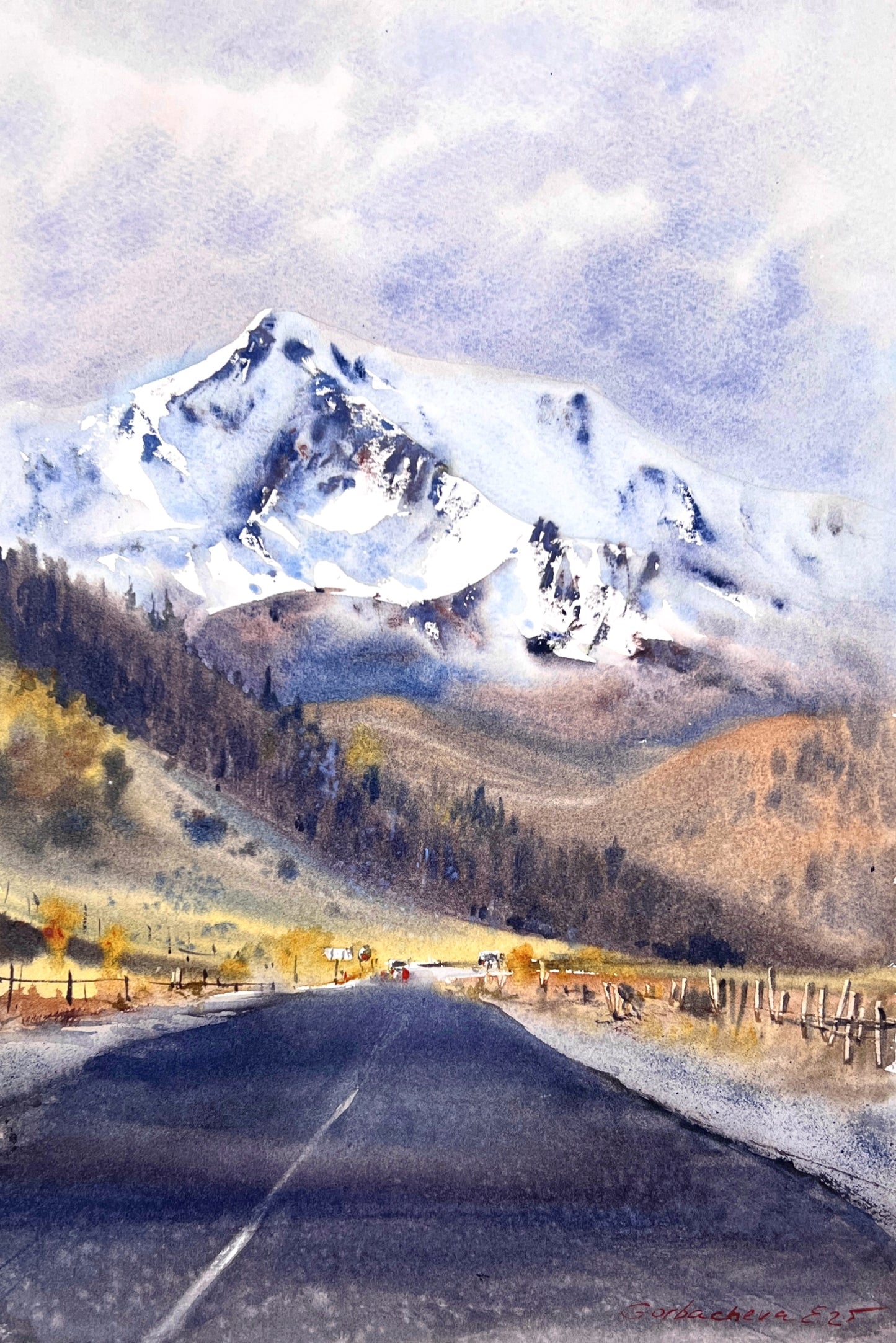 Snowy Mountain Road Watercolor Painting, Winter Landscape Painting, Road to the Clouds   10x16 (Copy)